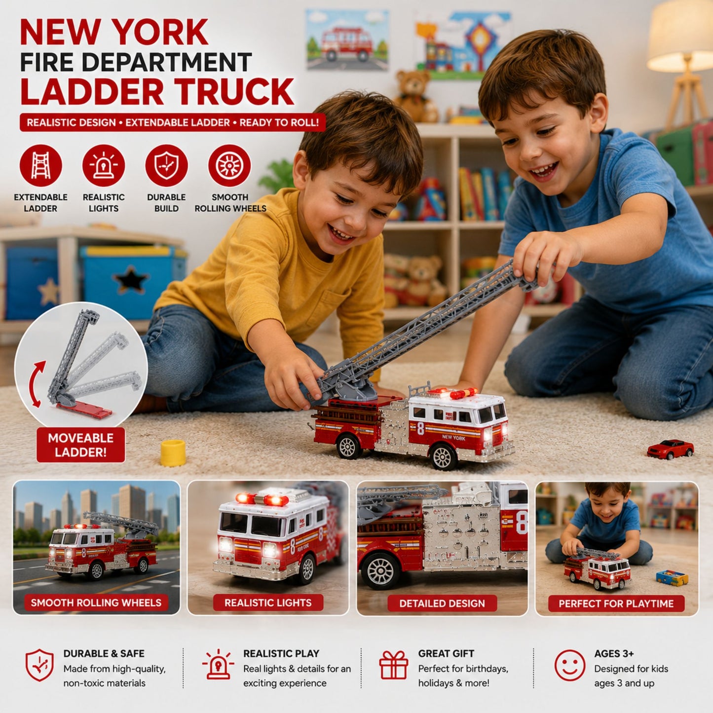 Red and white fire department ladder truck toy with an extendable movable ladder, realistic lights, detailed design, smooth-rolling wheels, and durable construction, shown in a kid-friendly play setting.