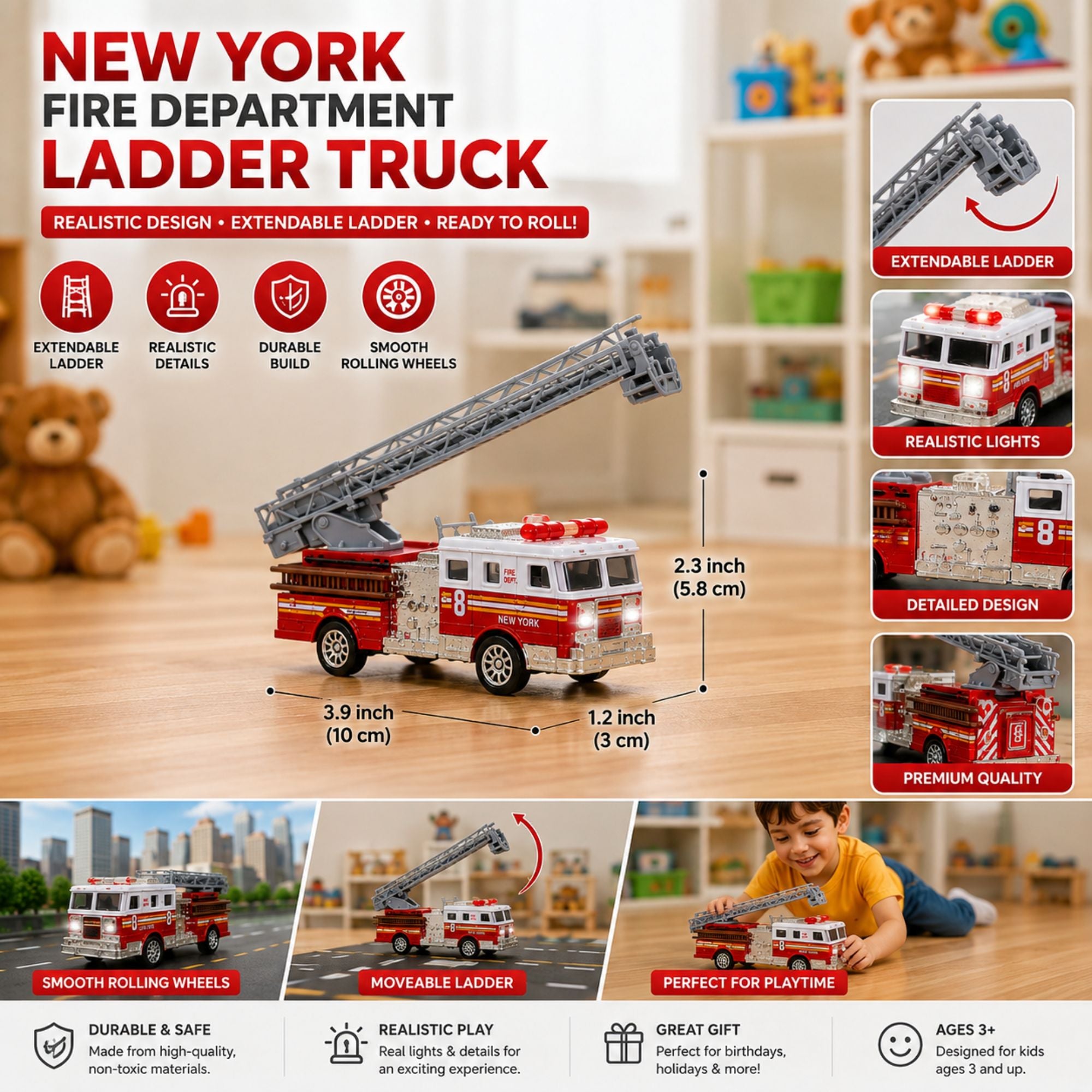 Red and white fire department ladder truck toy with an extendable movable ladder, realistic lights, detailed design, smooth-rolling wheels, and durable construction, shown in a kid-friendly play setting.