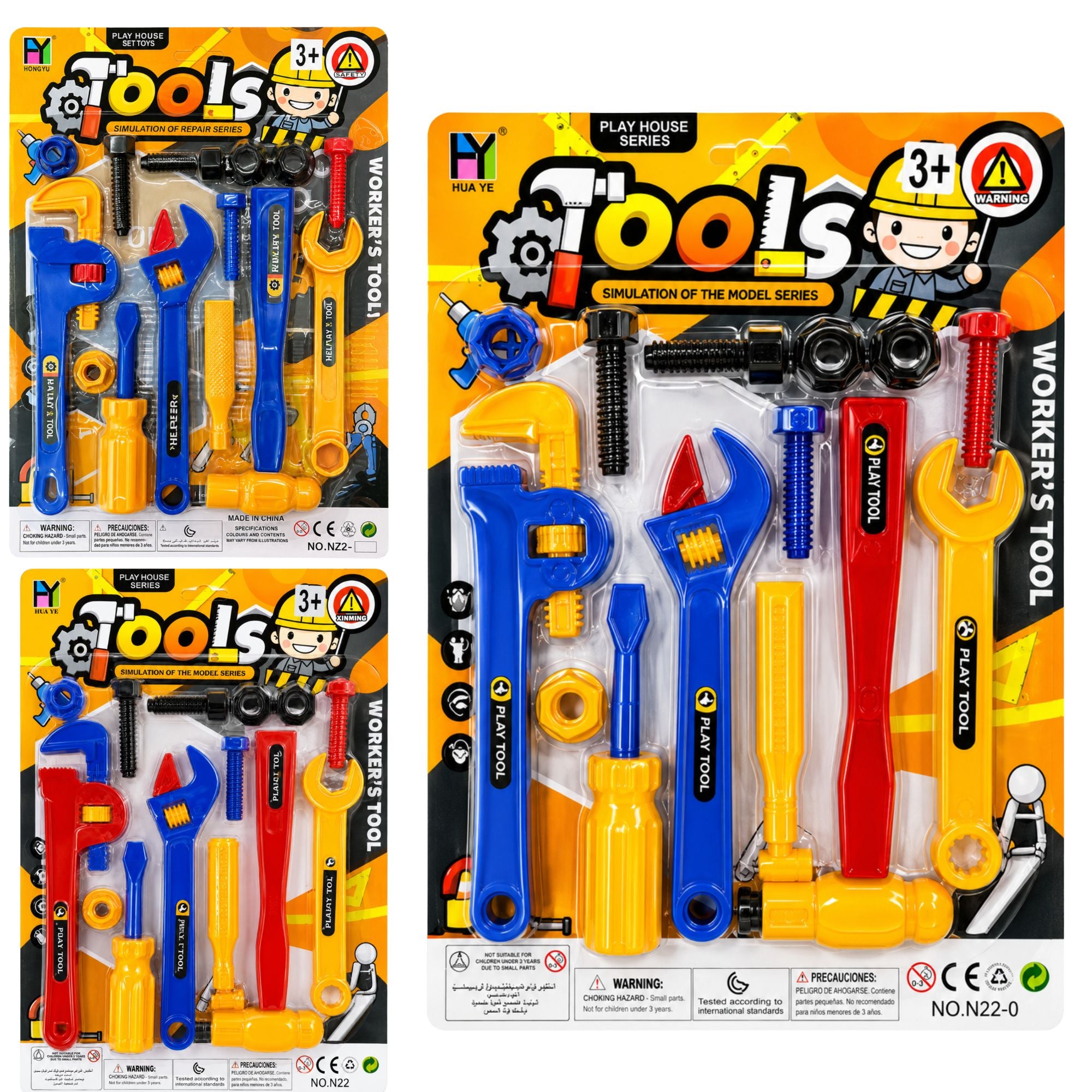 Three views of a children's toy set labeled 'Tools' showing plastic worker's tools including wrenches, screwdrivers, pliers, and sockets in bright blue, yellow, red, and black on a white background.
