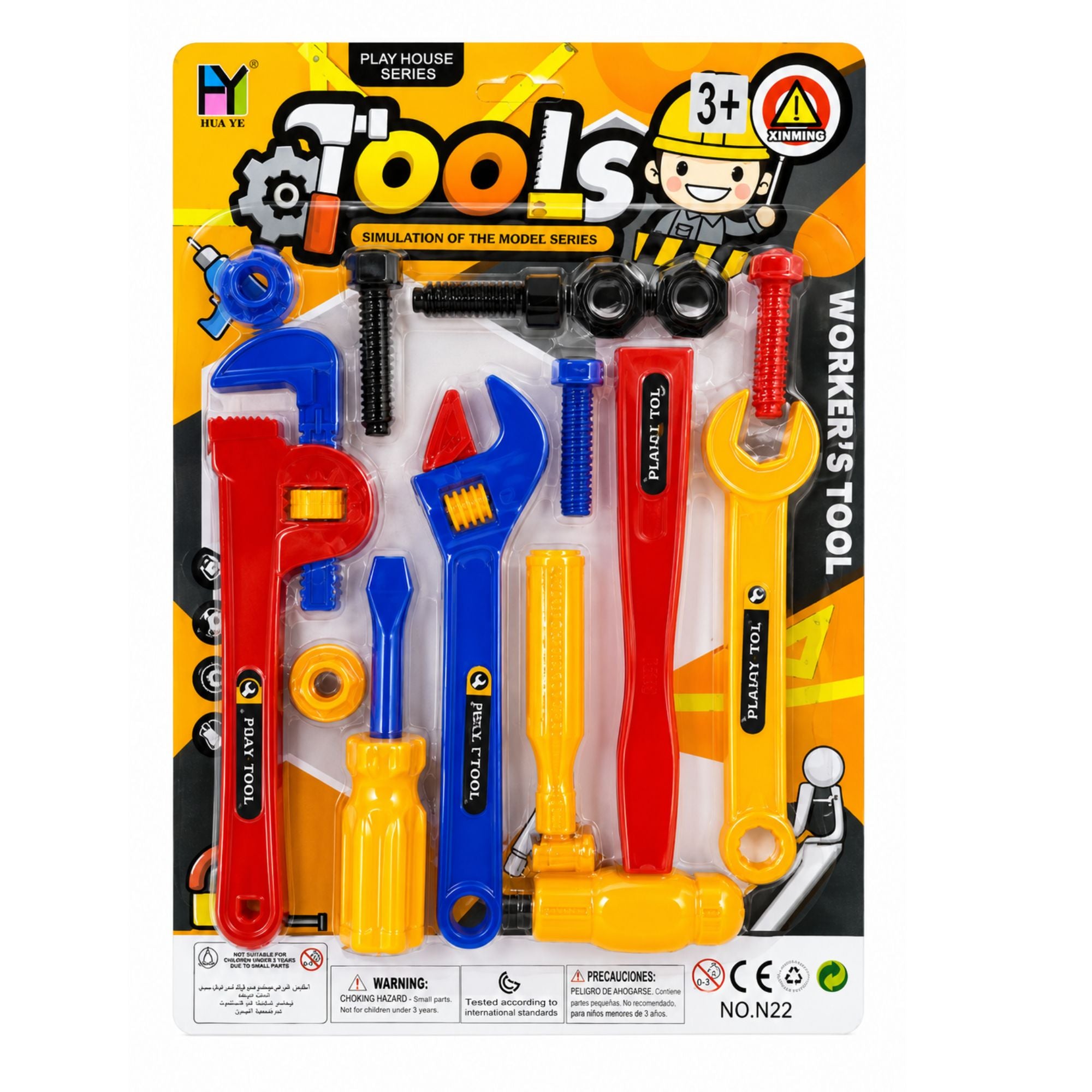 A toy construction tool set in retail blister packaging, featuring colorful plastic wrenches, screwdrivers, a hammer, and other playhouse tools on a bright orange and yellow card.