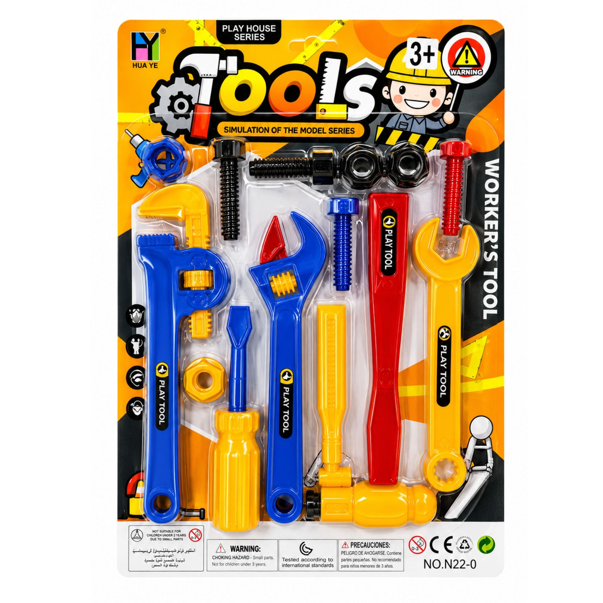 A 10-piece toy tool set for children in Play House Series, featuring colorful plastic wrenches, screwdrivers, and pliers in blue, yellow, and red, packaged on a black and orange backing card.