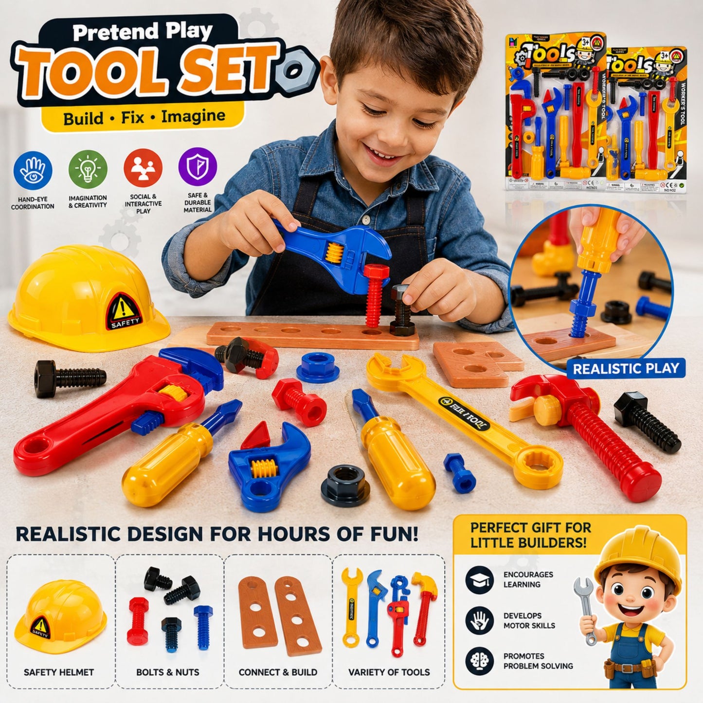 A pretend play toy tool set shown with a young boy assembling colorful plastic tools on a wooden board. The set includes a yellow hard hat, wrenches, screwdrivers, pliers, and bolts and nuts, presented on a white background with product features and packaging graphics.