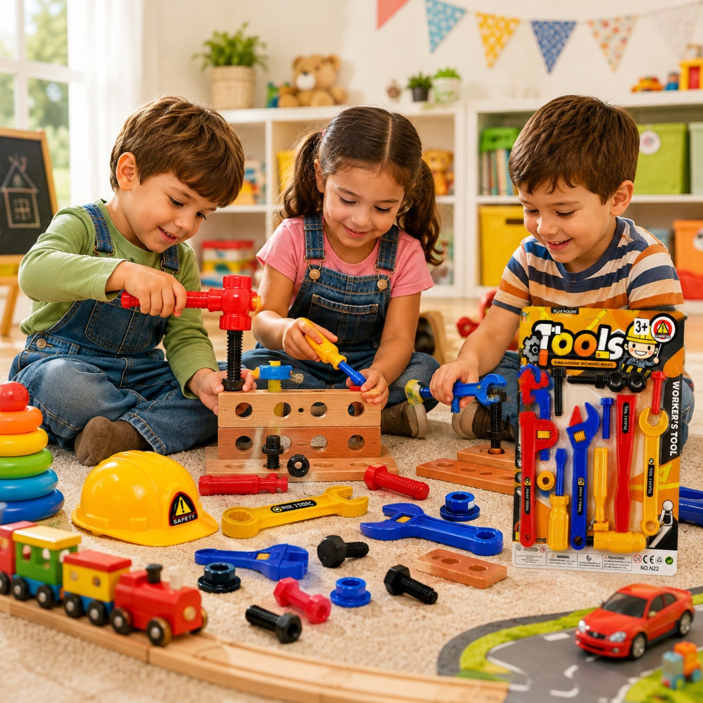 Three children playing with a wooden toy toolbox set on a carpeted floor in a bright playroom. The set includes a wooden toolbox, colorful hand tools, screws, bolts, a yellow hard hat, a train toy, and a small red car.