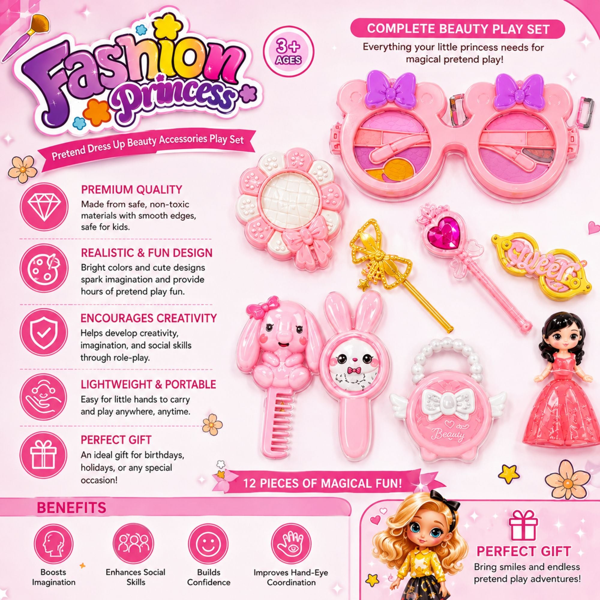 A pink and white 'Fashion Princess' complete beauty play set displayed on a light pink background with promotional text. The set includes a pink vanity mirror with a purple bow, a pink hairbrush, a white bunny toy, a pink doll in a dress, a gold wand, and other small accessories.