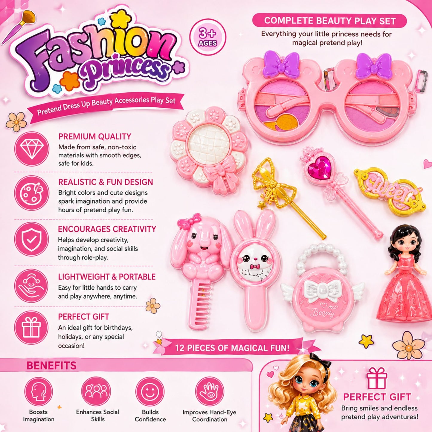 A pink and white 'Fashion Princess' complete beauty play set displayed on a light pink background with promotional text. The set includes a pink vanity mirror with a purple bow, a pink hairbrush, a white bunny toy, a pink doll in a dress, a gold wand, and other small accessories.