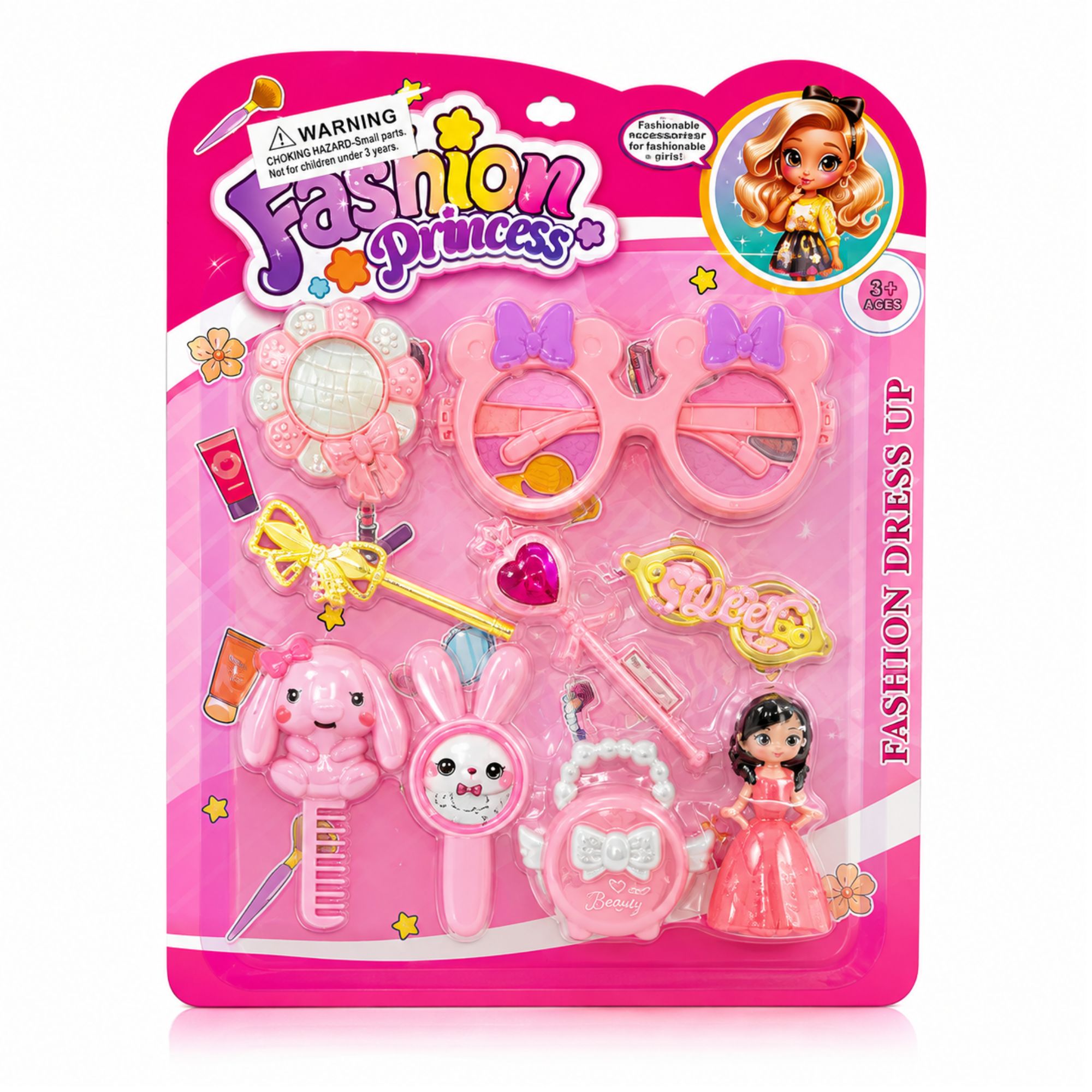 Fashion Princess doll play set in pink packaging, containing pink glasses, toy accessories, a small doll, and a bunny comb.