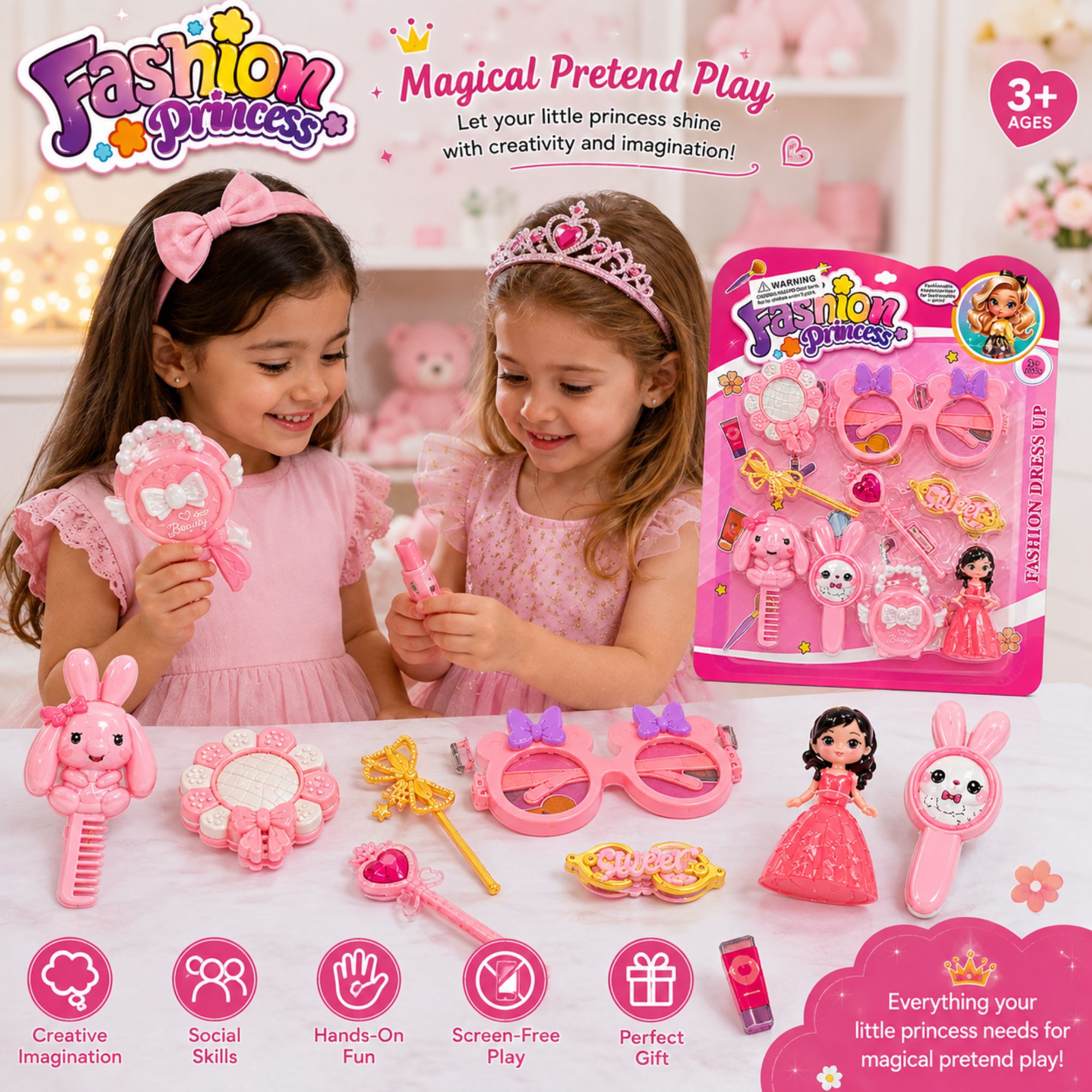 A pink magical pretend play toy set for kids, featuring a 3-pack of doll accessories, a hairbrush, a wand, and a pair of pink glasses, displayed alongside a retail blister pack. The scene includes two young girls in pink dresses playing with the toys on a white table, with a pink-themed background.