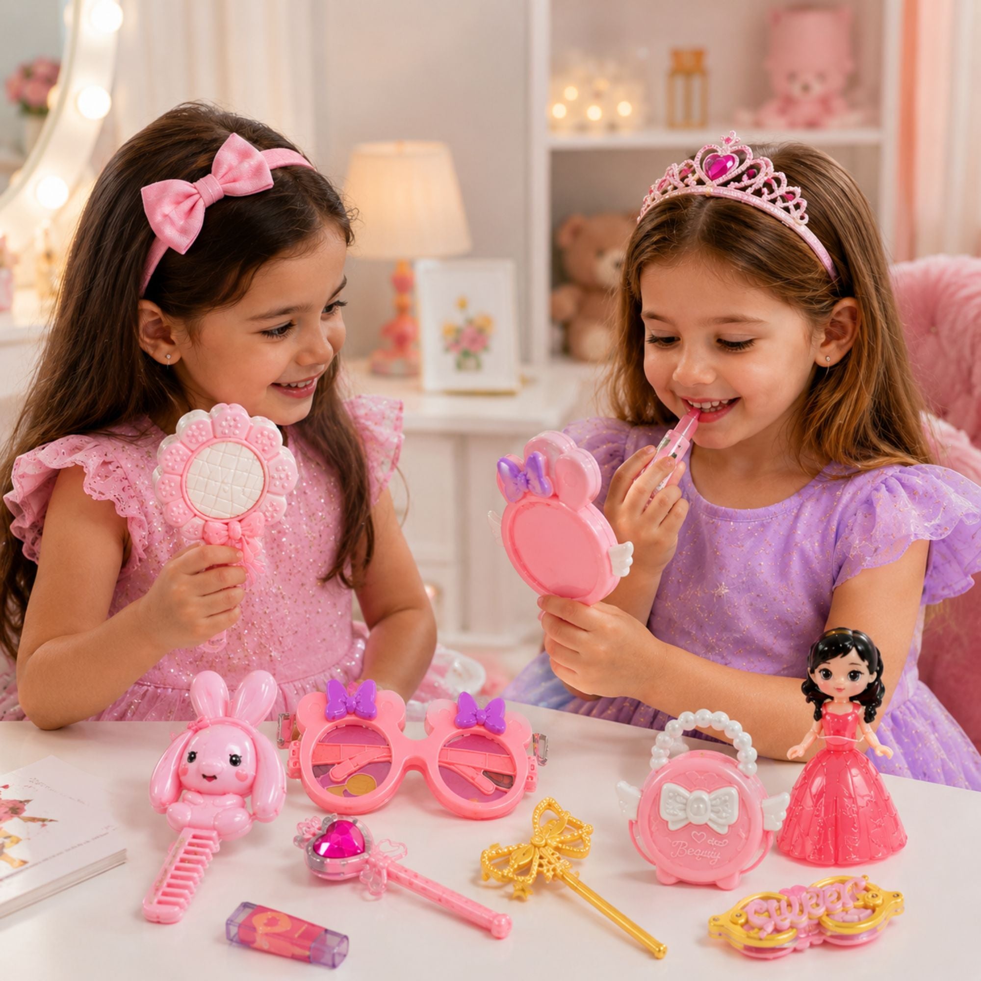 Two young girls dressed as princesses sitting at a table with a pink toy set. One girl on the left holds a pink flower-shaped mirror, and the girl on the right applies pink lipstick while holding a pink hand mirror.