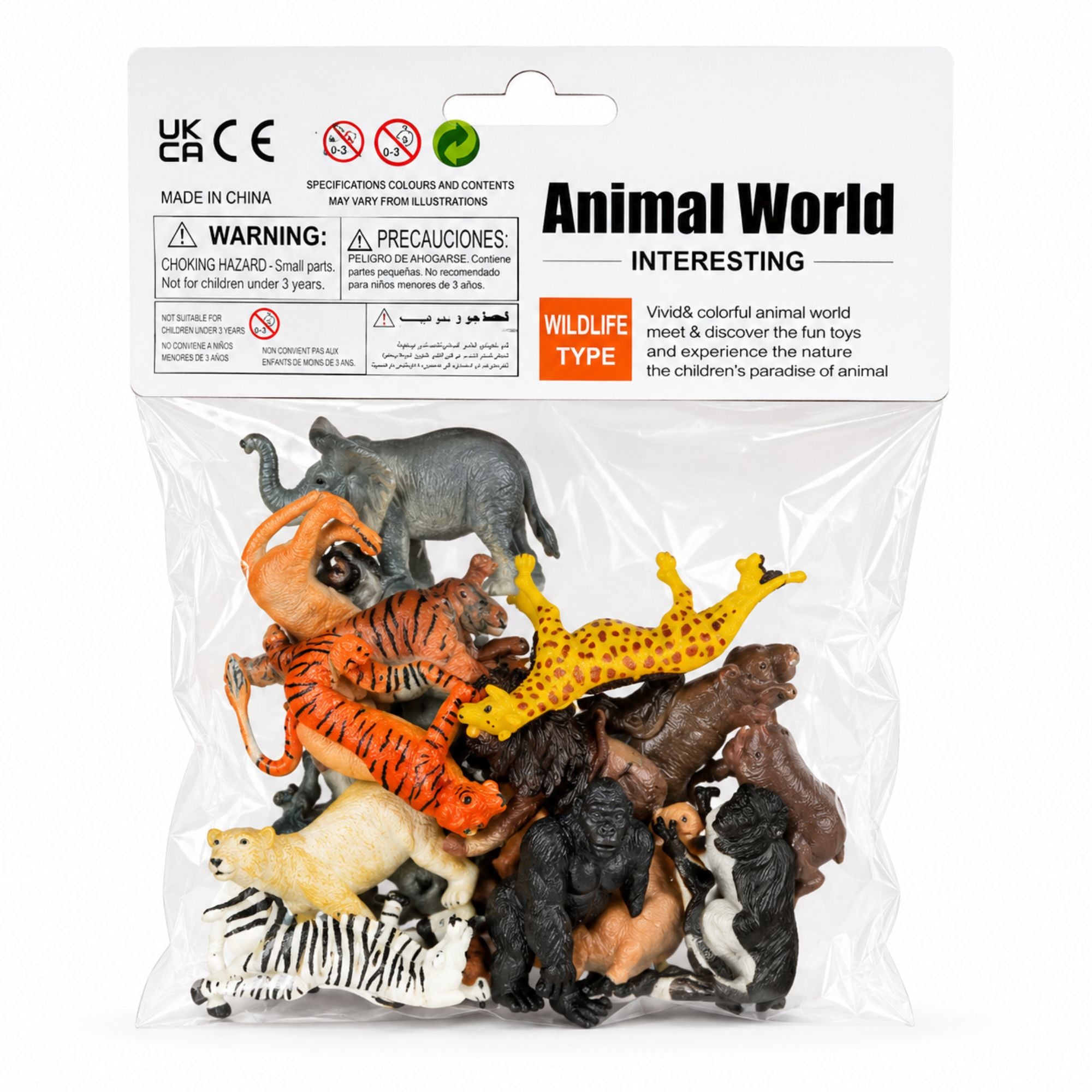 A packaged set of animal toy figures labeled 'Animal World Interesting Wildlife Type' on a white background. The clear plastic bag contains multiple small plastic safari animals including a tiger, lion, giraffe, zebra, elephant, and others.