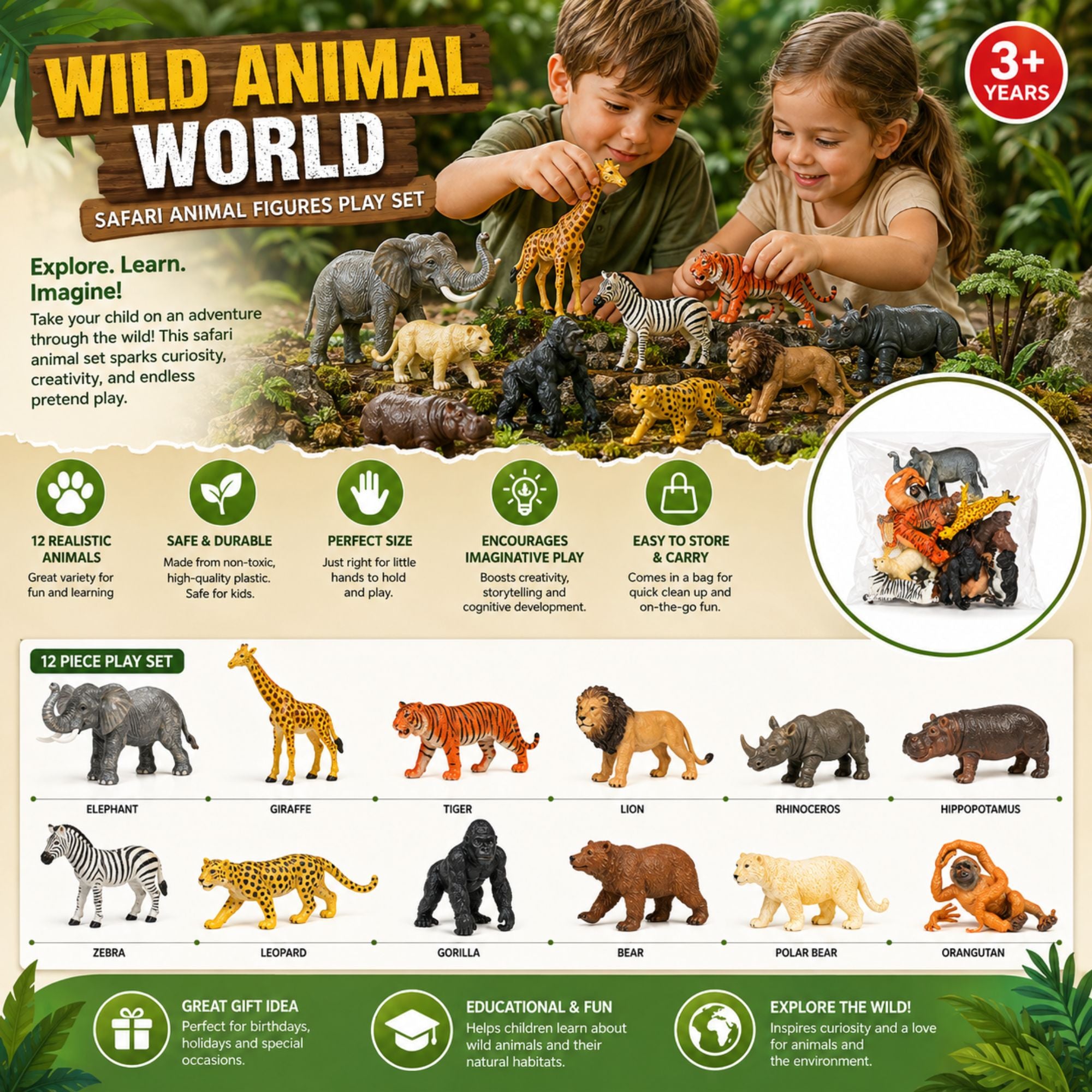 A children's safari animal figures play set shown with two children outdoors, plus a large infographic panel listing the included animals and product features. The set includes toy giraffe, elephant, zebra, hippopotamus, lion, bear, giraffe, tiger, rhinoceros, polar bear, and orangutan figures, with marketing text and icons on a white and green layout.