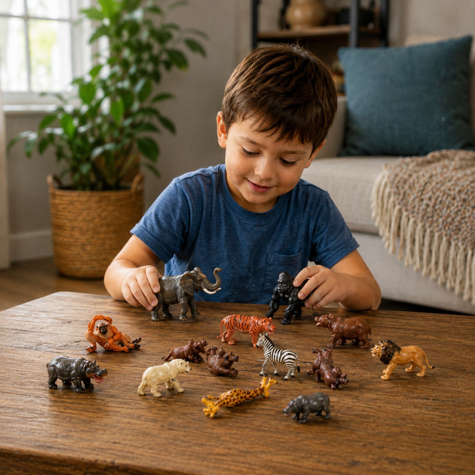 A young boy in a blue t-shirt sits at a wooden table playing with a set of small animal figurines, including an elephant, zebra, lion, and tiger, in a cozy living room setting.