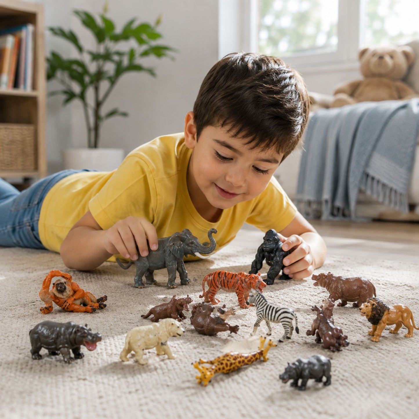A young boy in a yellow t-shirt lies on a beige carpet, playing with a set of small animal toy figurines including an elephant, gorilla, tiger, zebra, lion, and rhinoceros in a brightly lit child's room.