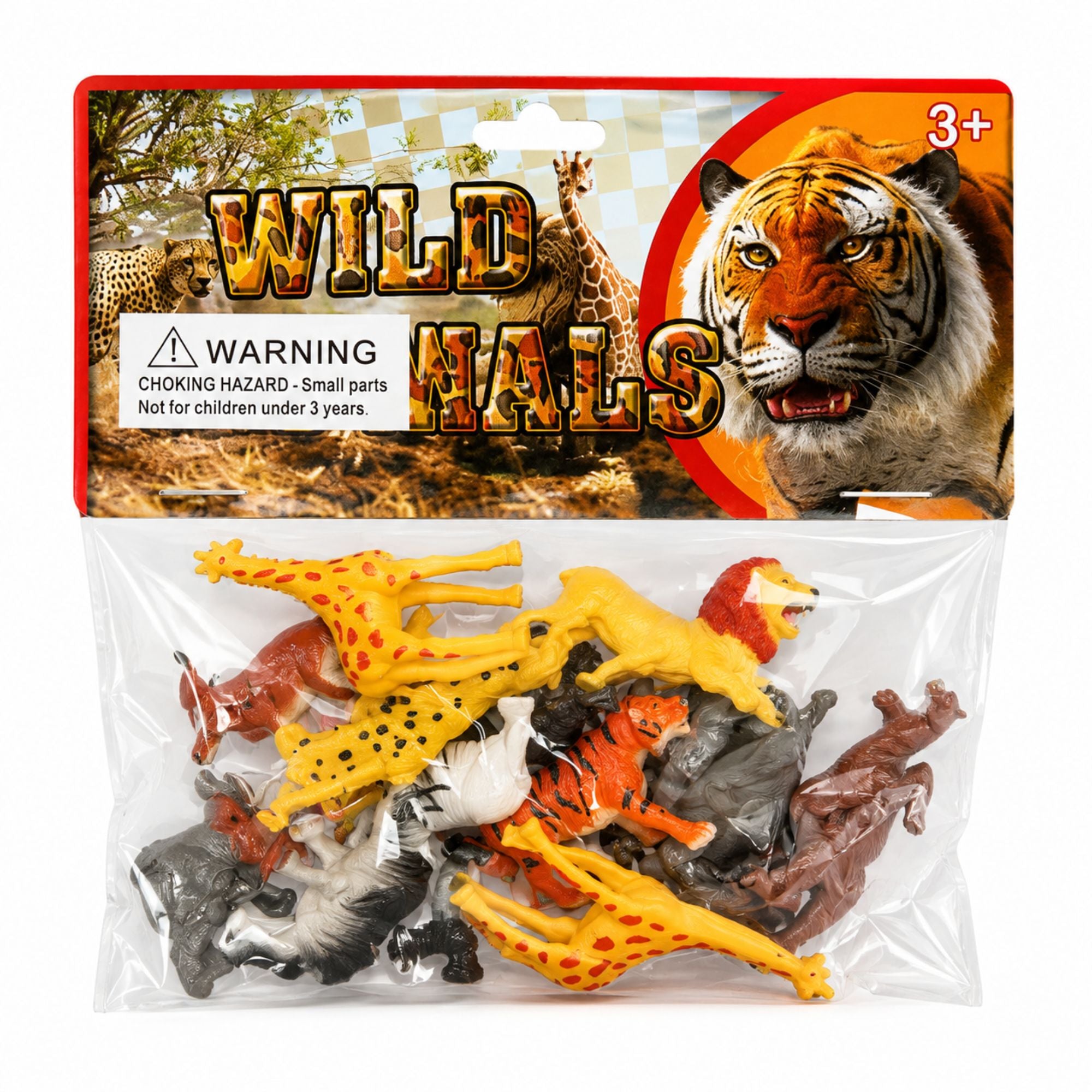 Pack of Wild Nails animal toy figures in a clear plastic bag with a colorful header card showing a tiger, giraffe, and warning label.