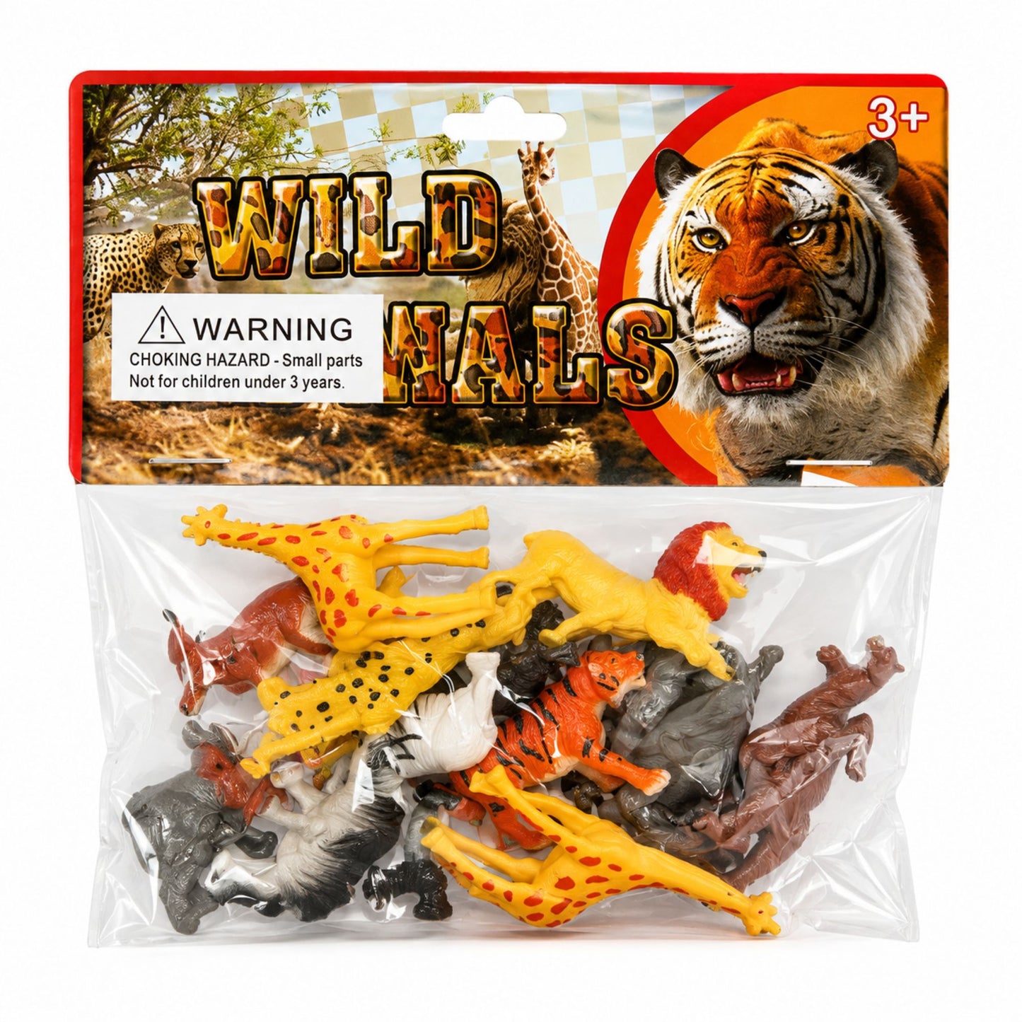 Pack of Wild Nails animal toy figures in a clear plastic bag with a colorful header card showing a tiger, giraffe, and warning label.