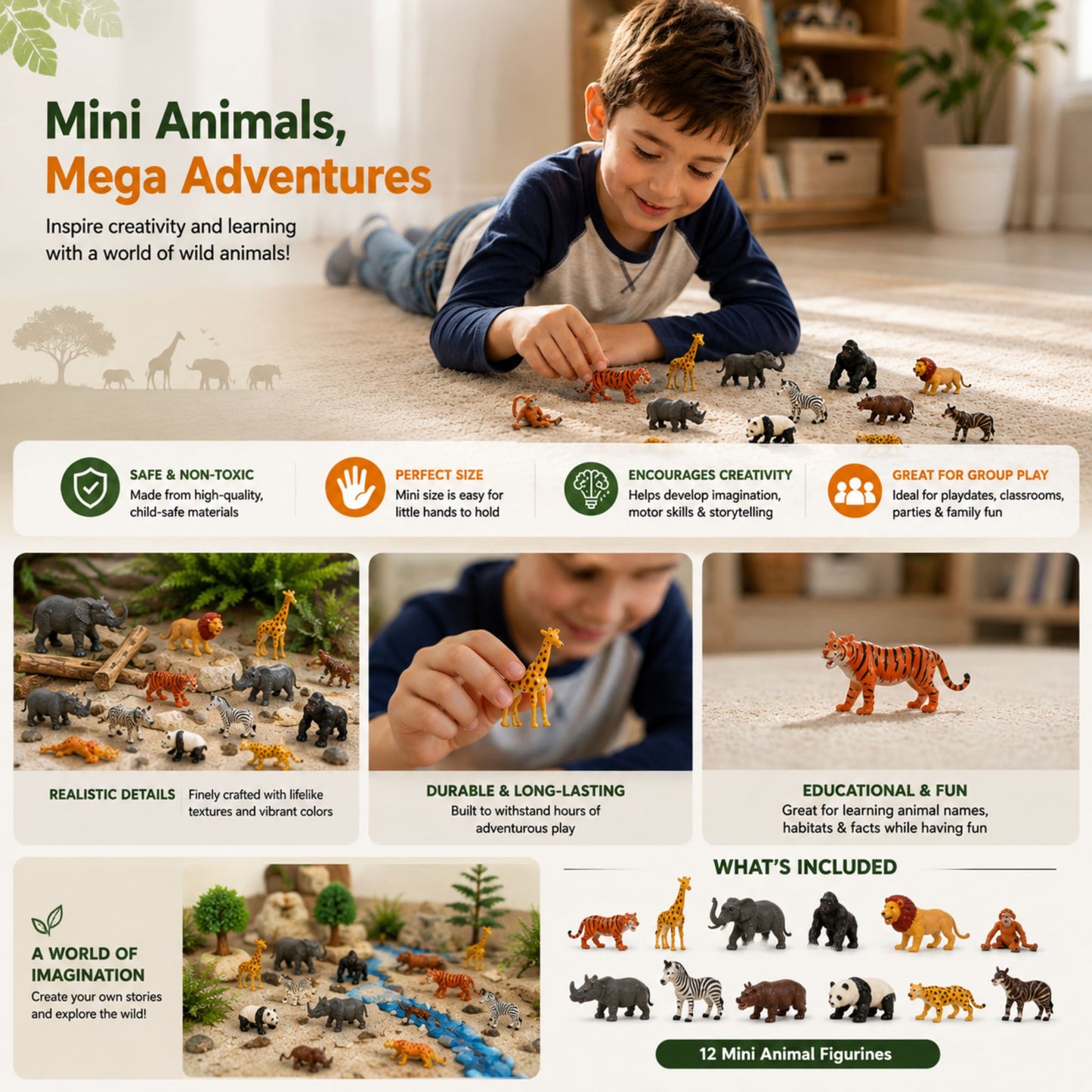 A promotional graphic for a set of 12 mini animal figurines. The top features a boy playing with the small animal figures on a carpeted floor.