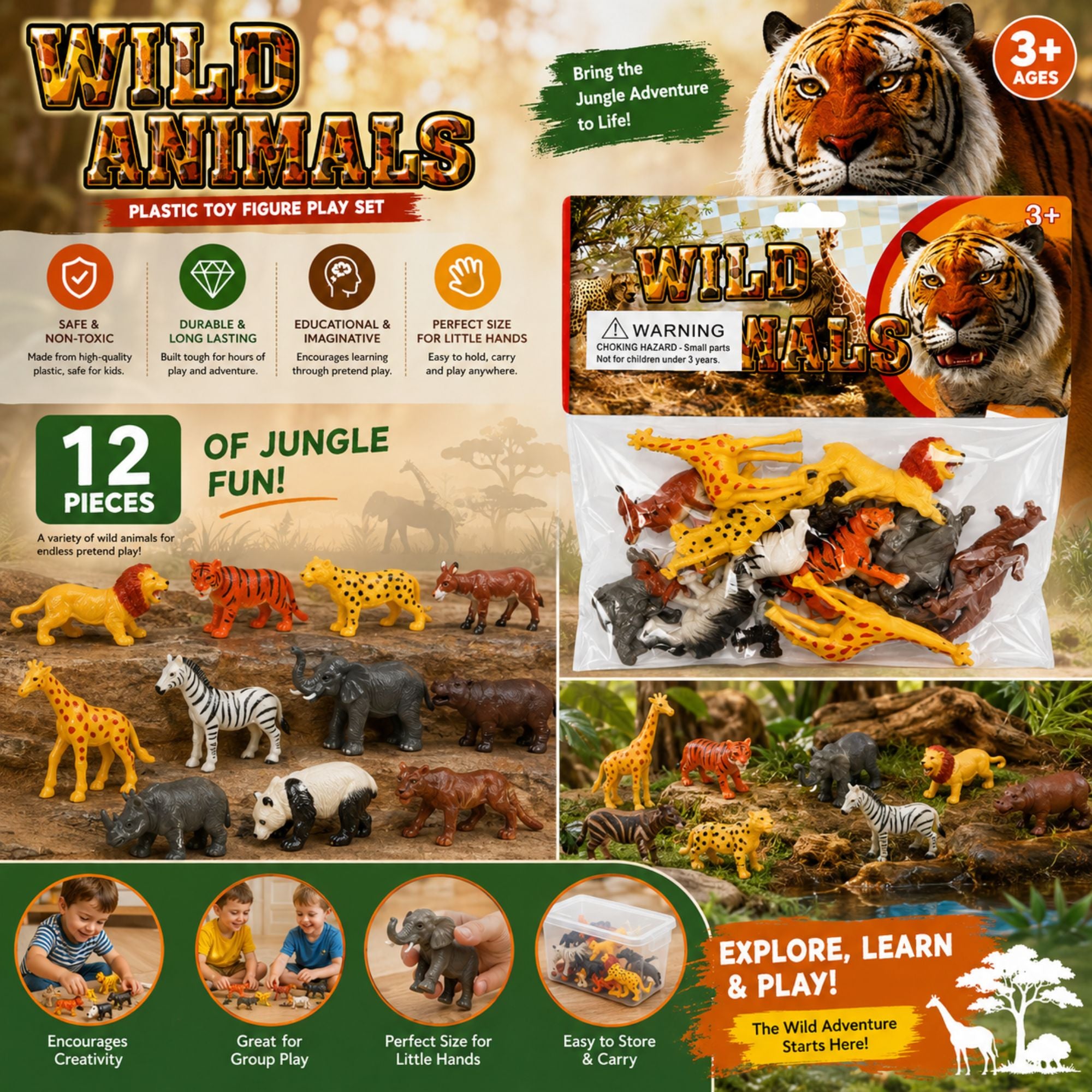 Wild Animals plastic toy figure play set featuring 12 different animal figures including a tiger, lion, zebra, giraffe, elephant, and panda. The packaging and product are displayed on a themed safari background with promotional text highlighting the 12 pieces and educational value.