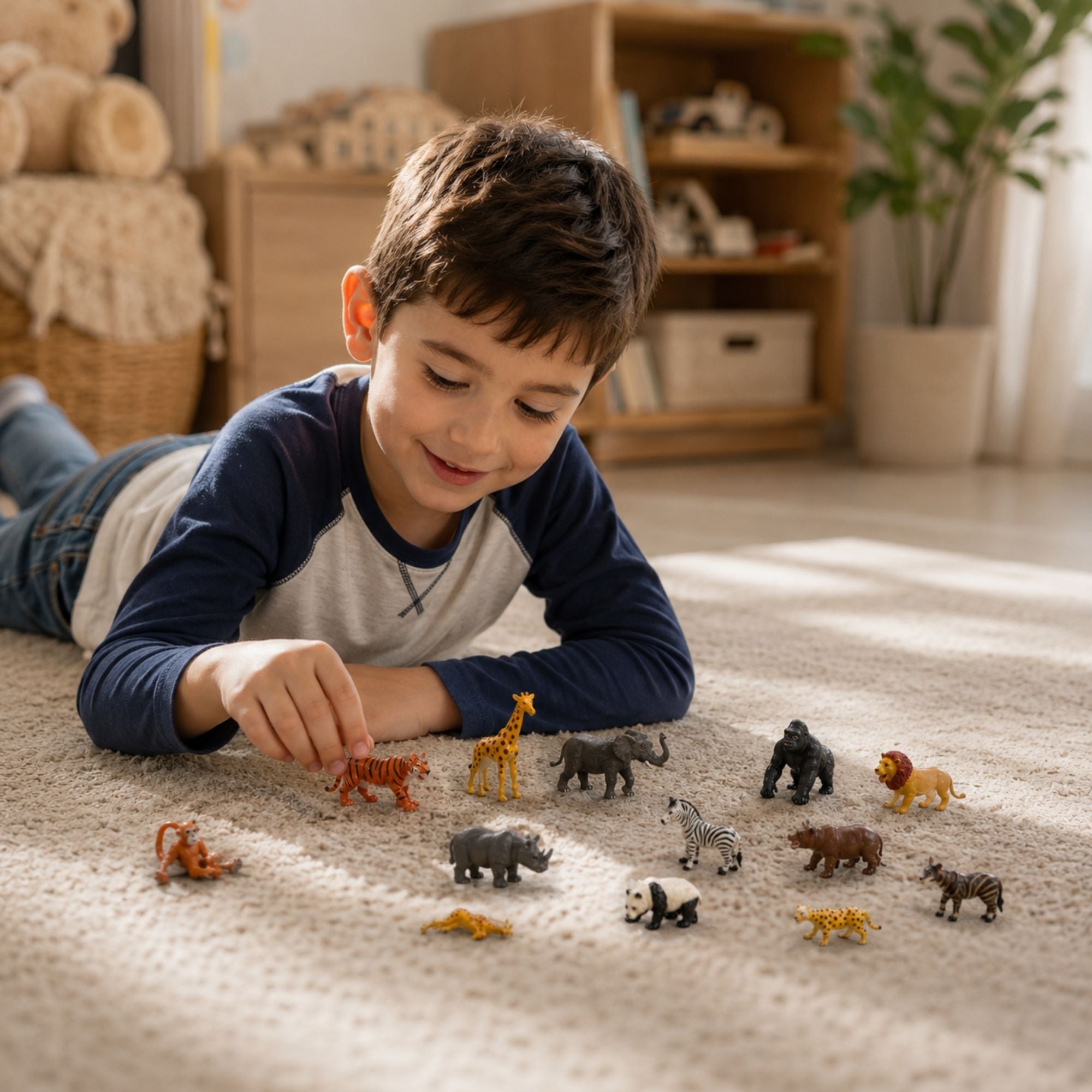 A young boy lies on a beige carpet in a cozy, sunlit room, playing with a set of small animal figurines including a giraffe, zebra, gorilla, lion, and tiger.