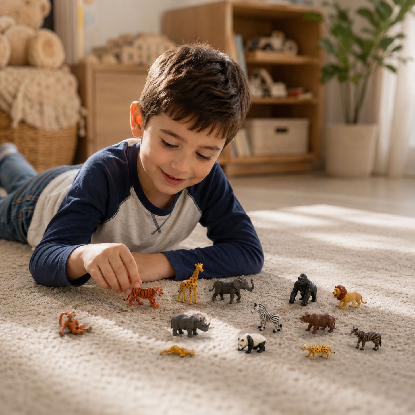 A young boy lies on a beige carpet in a cozy, sunlit room, playing with a set of small animal figurines including a giraffe, zebra, gorilla, lion, and tiger.