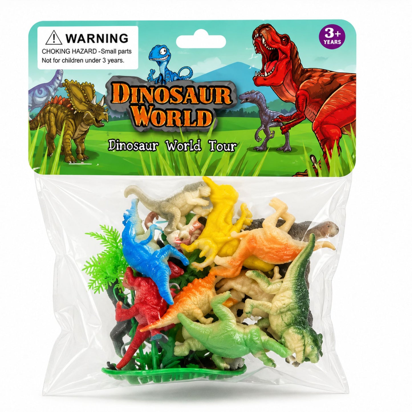 A clear plastic bag containing a set of colorful dinosaur toy figures, attached to a printed cardboard header card labeled 'Dinosaur World' with warning text and a 3+ age badge.