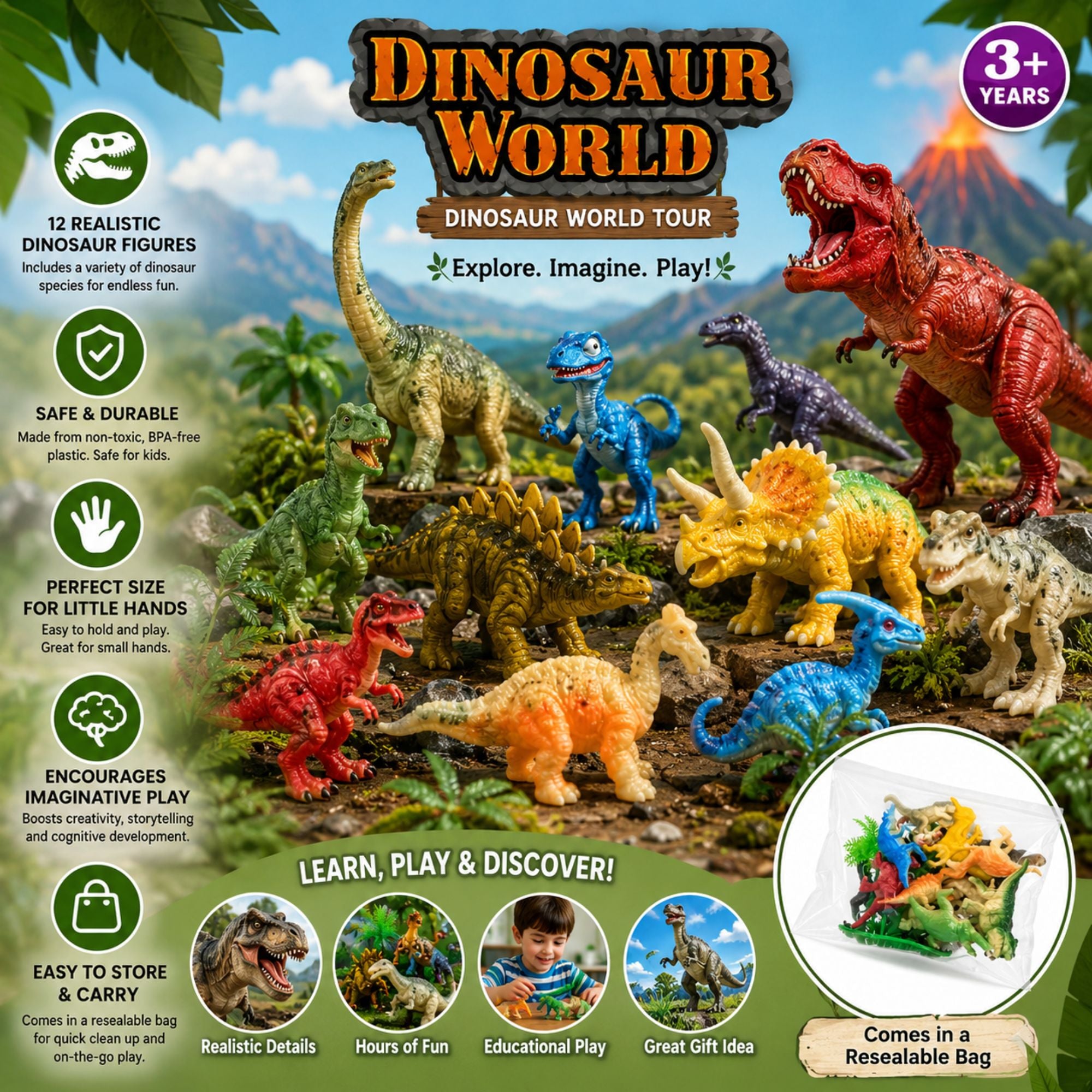 Dinosaur World toy set packaging graphic showing multiple colorful plastic dinosaur figures arranged on a rocky landscape with a volcano in the background. The image includes marketing text, age badge '3+', feature icons, and a circular inset showing the toys inside a resealable bag.
