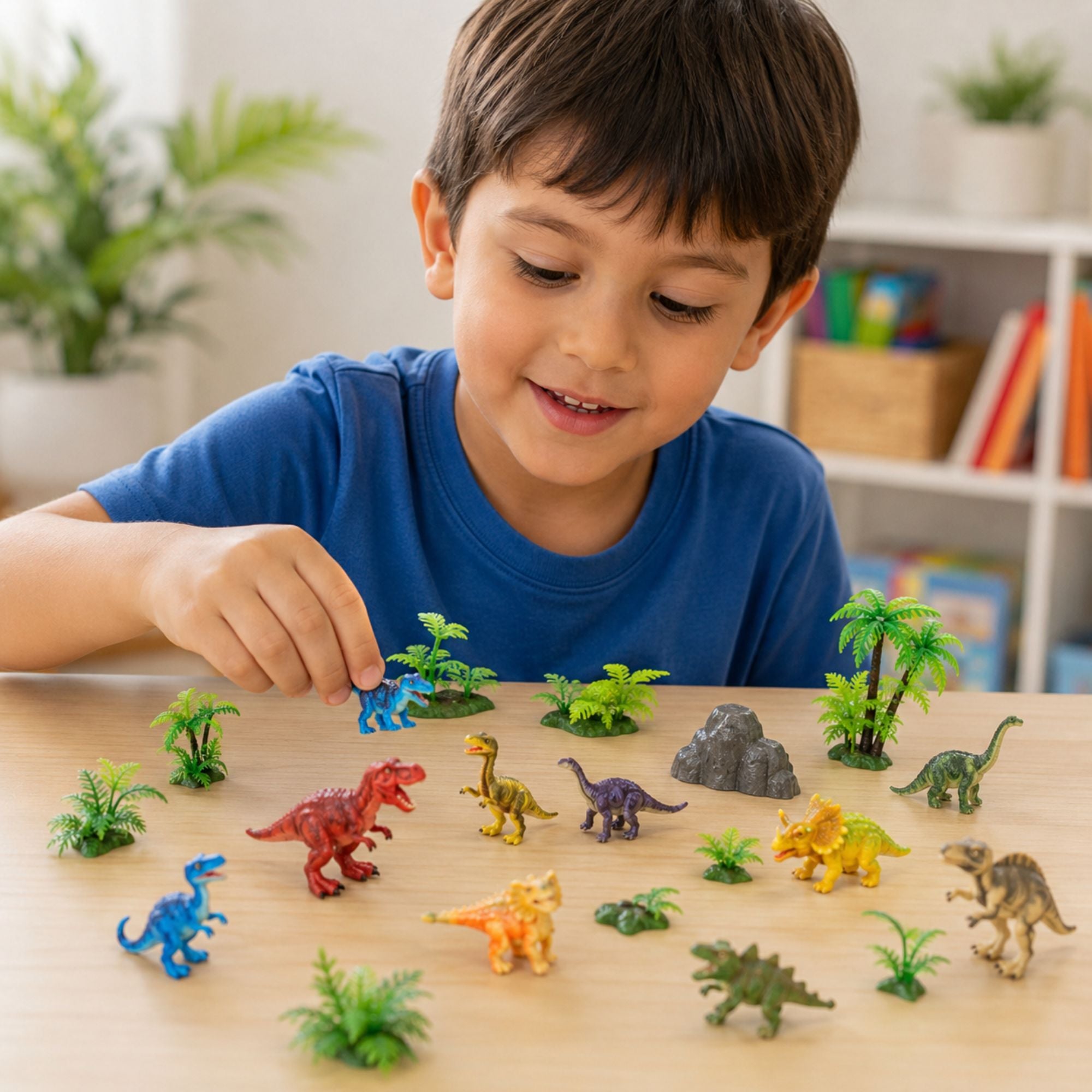 A young boy in a blue t-shirt is smiling and playing with a set of colorful miniature dinosaur toy figures and small green palm trees on a light wooden table. The background shows a softly blurred indoor room with a bookshelf and plants.
