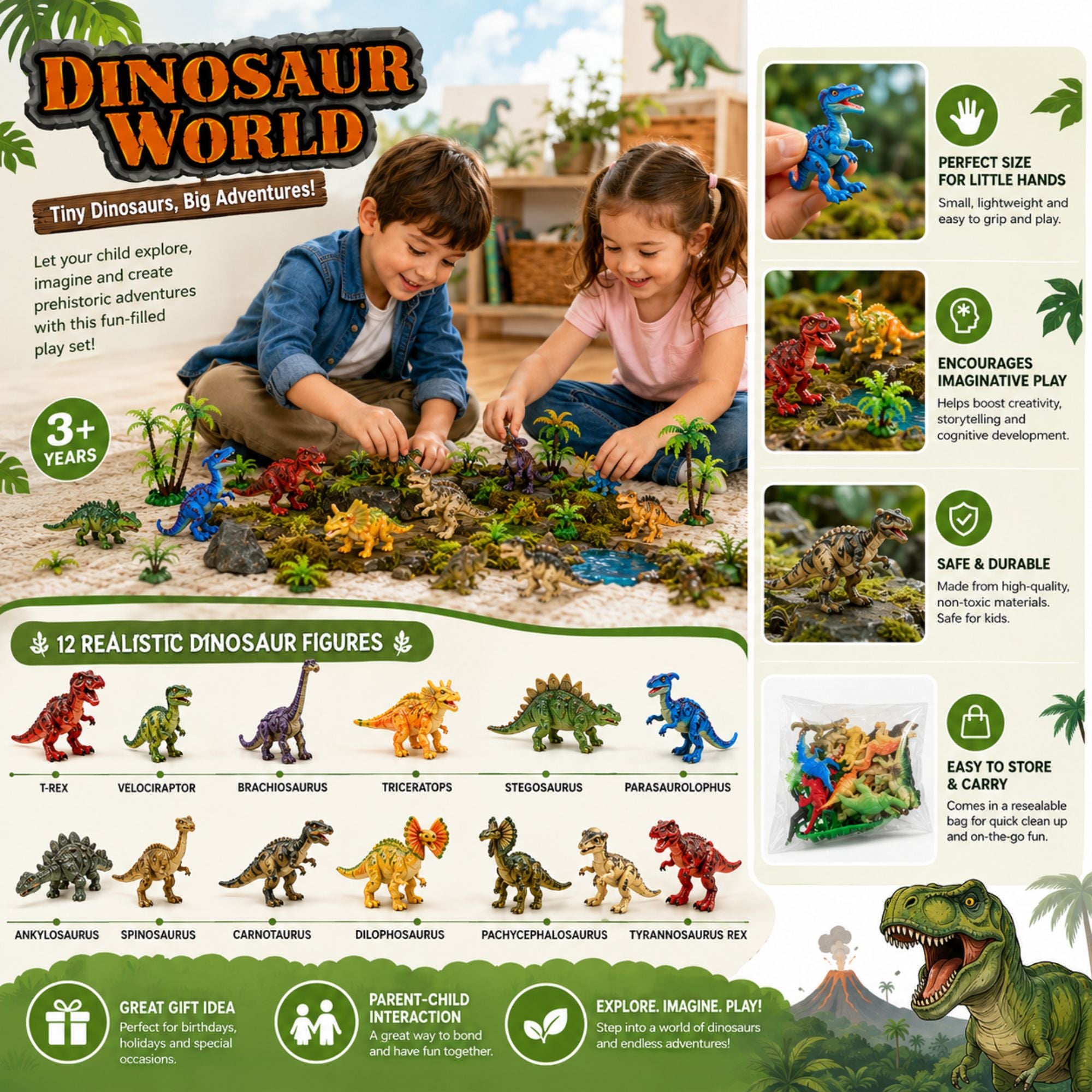 A promotional infographic for a dinosaur toy set, featuring children playing with colorful plastic dinosaur figures in a backyard setting. The layout includes product features, age suitability, a row of illustrated dinosaur types, and usage benefits, all under the title 'DINOSAUR WORLD'.