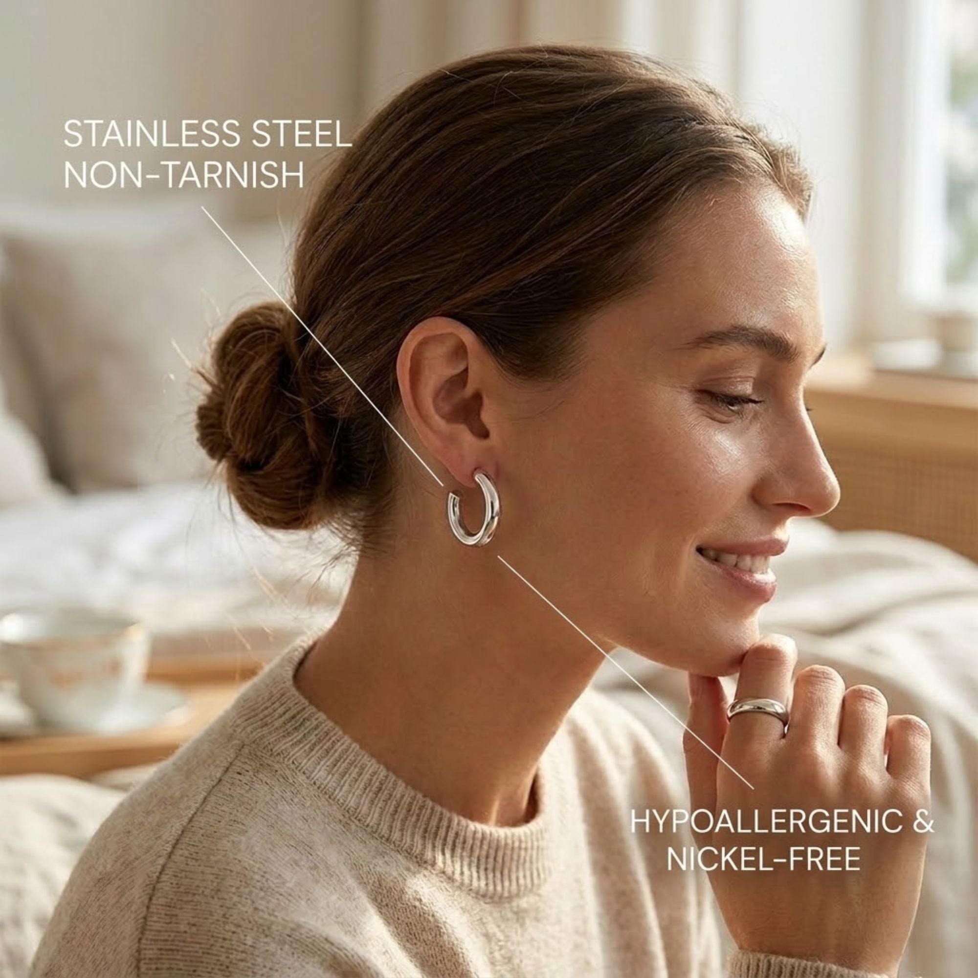 0.5" Minimalist Polished Silver Open Hoop Stud Earrings for Women lifestyle use image