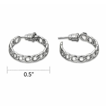 Sterling Silver Curb Chain Link 0.5" Huggie Hoop Earrings