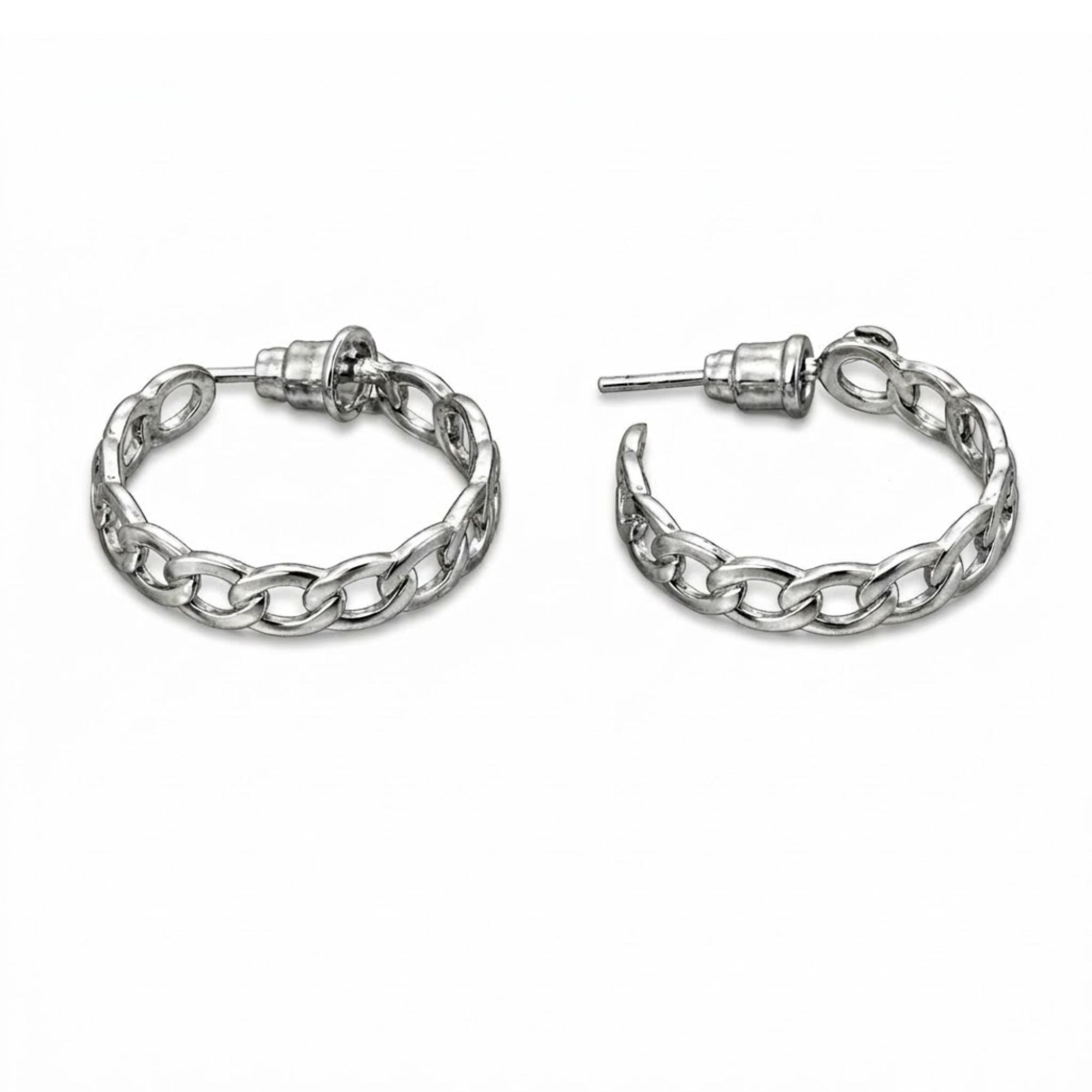 Sterling Silver 0.5" Curb Chain Link Huggie Hoop Earrings size and feature image