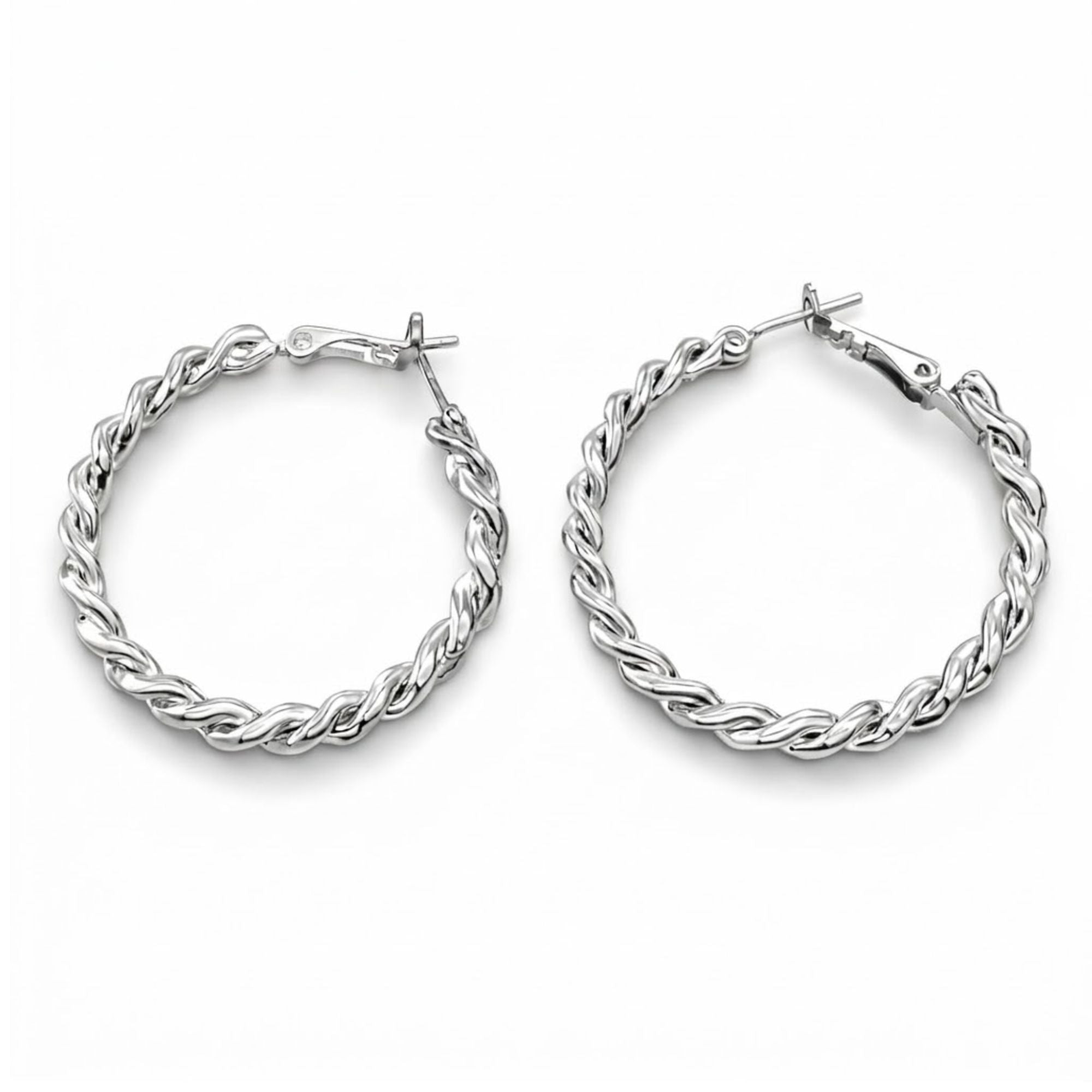 1.25" Silver Twisted Hoop Earrings for Women Textured Classic Style size and feature image