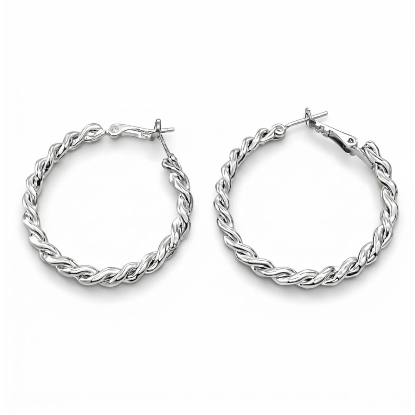 1.25" Silver Twisted Hoop Earrings for Women Textured Classic Style size and feature image