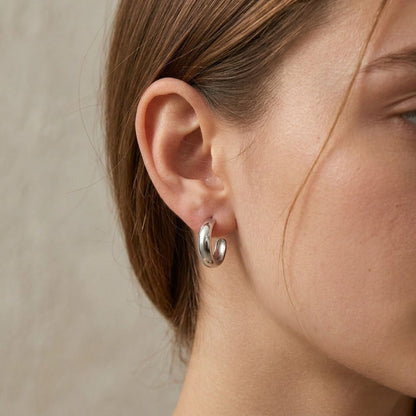 Silver Thick Hoop Earrings 0.5" for Women Daily Wear