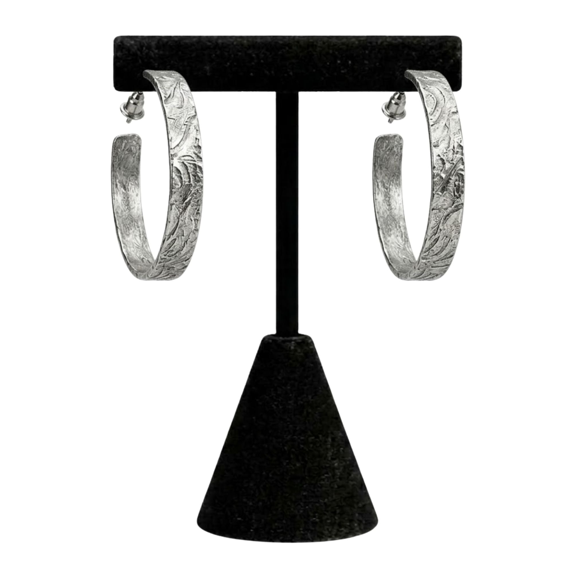 1.25 Inch Diameter Textured Silver Hoop Earrings Minimalist Style main product image