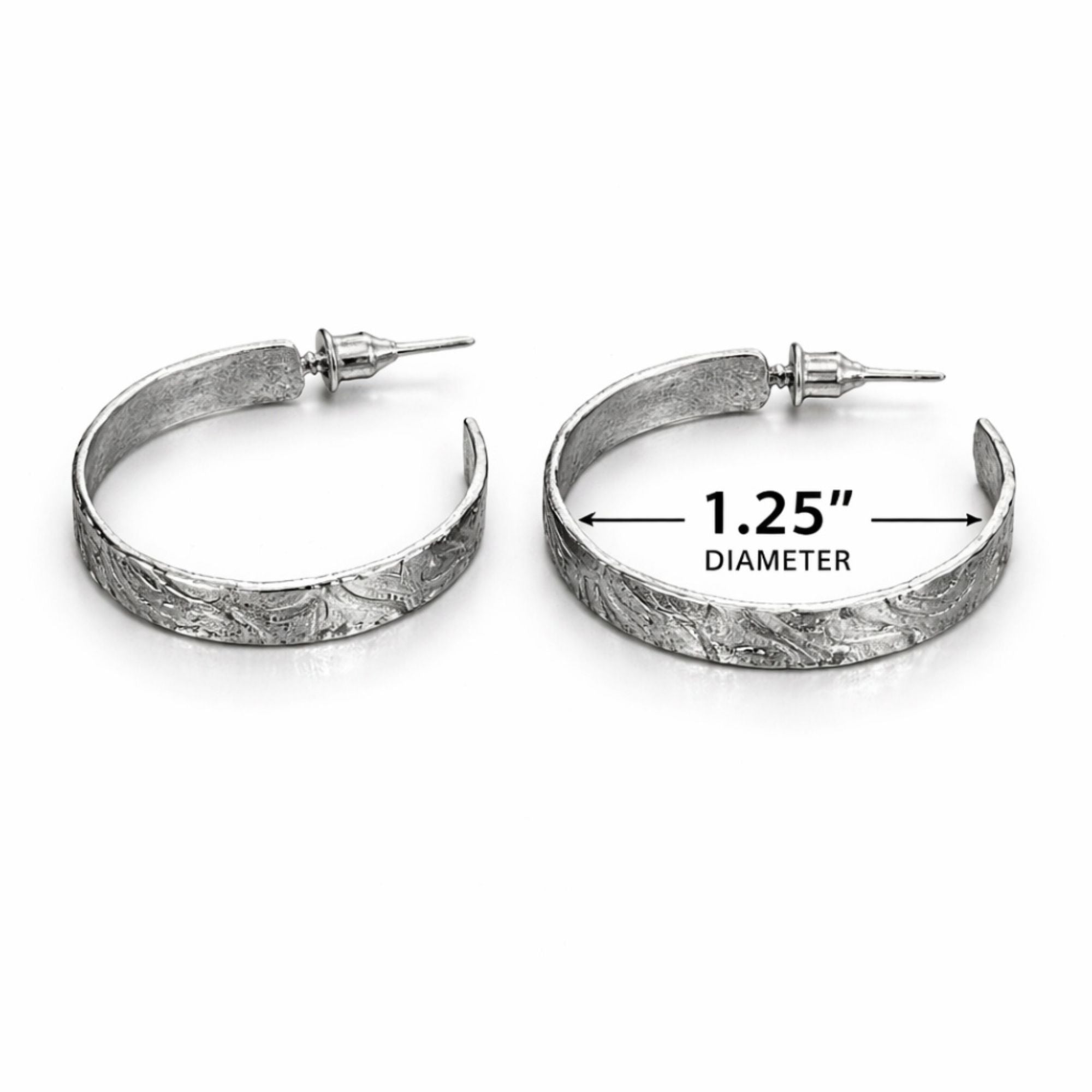 1.25 Inch Diameter Textured Silver Hoop Earrings Minimalist Style product detail image