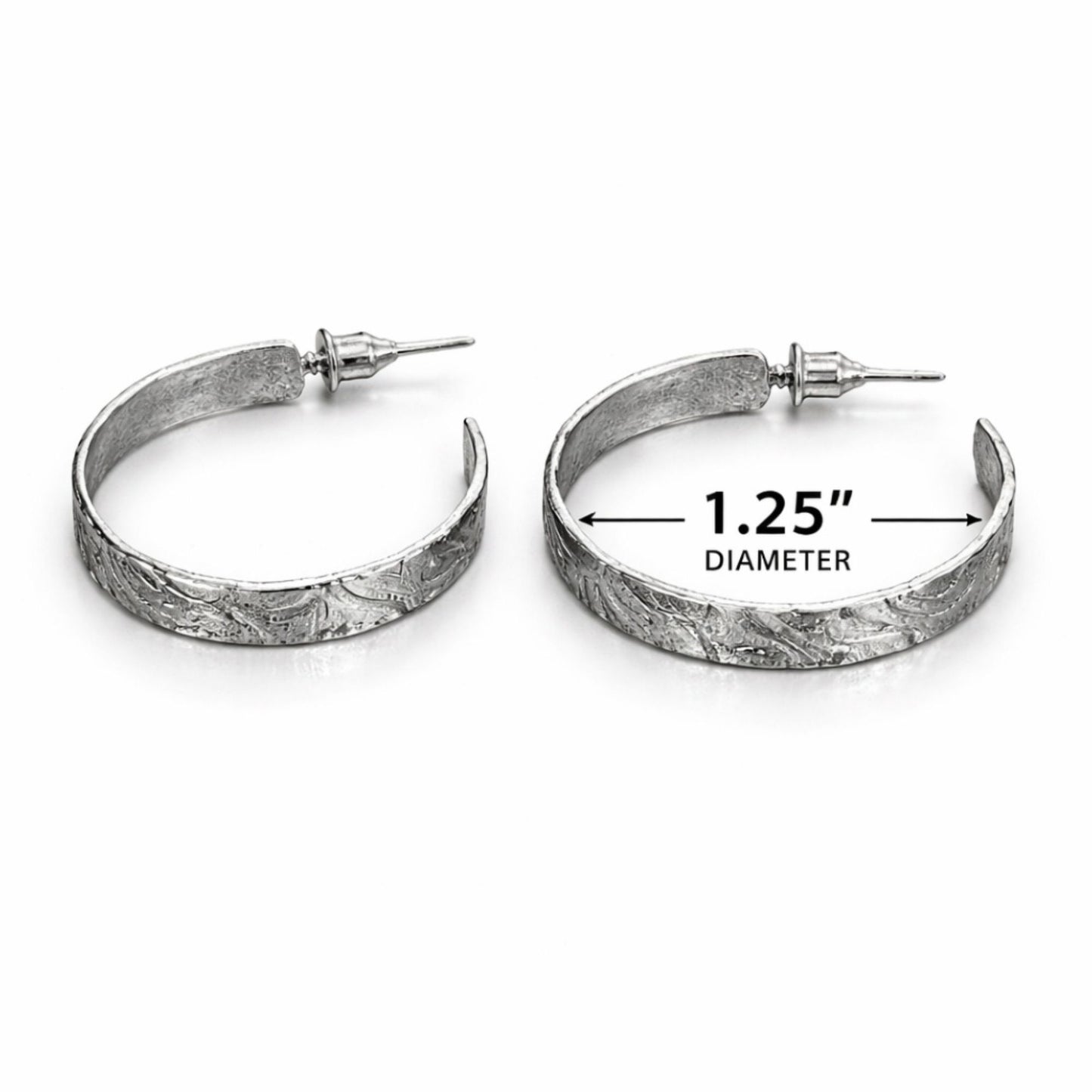 1.25 Inch Diameter Textured Silver Hoop Earrings Minimalist Style product detail image