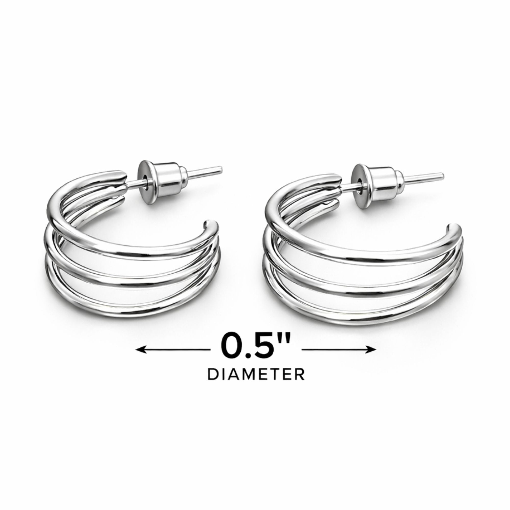 0.5" Triple Band Silver Hoop Earrings Minimalist Jewelry for Women product detail image
