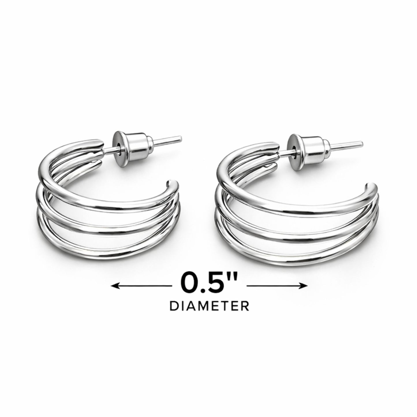 0.5" Triple Band Silver Hoop Earrings Minimalist Jewelry for Women product detail image
