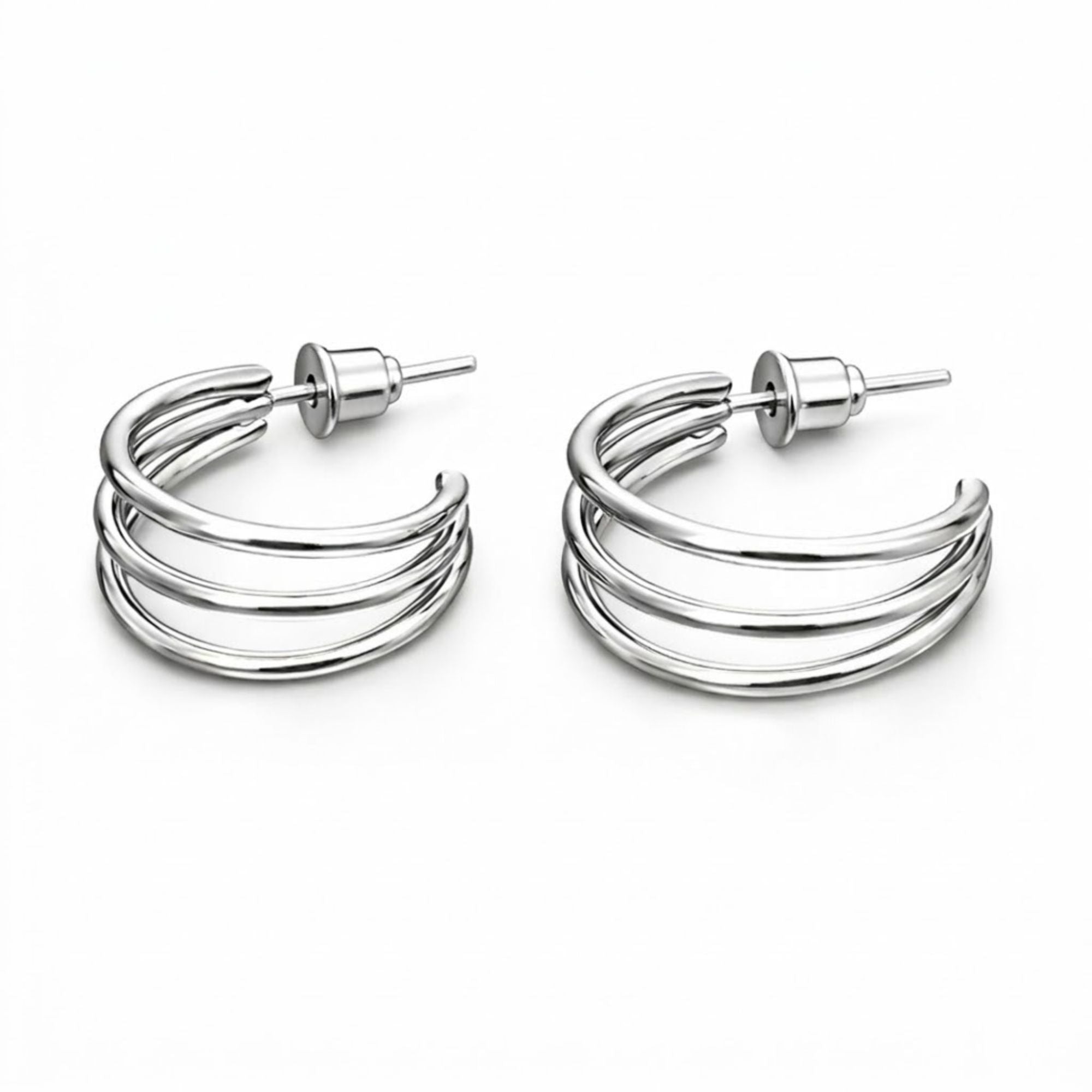 0.5" Triple Band Silver Hoop Earrings Minimalist Jewelry for Women size and feature image