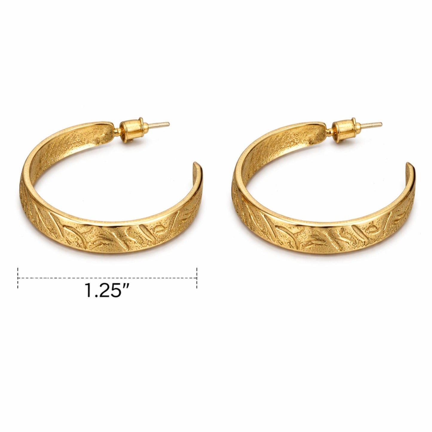 1.25 Inch Gold Tone Engraved Leaf Pattern Hoop Earrings size and feature image