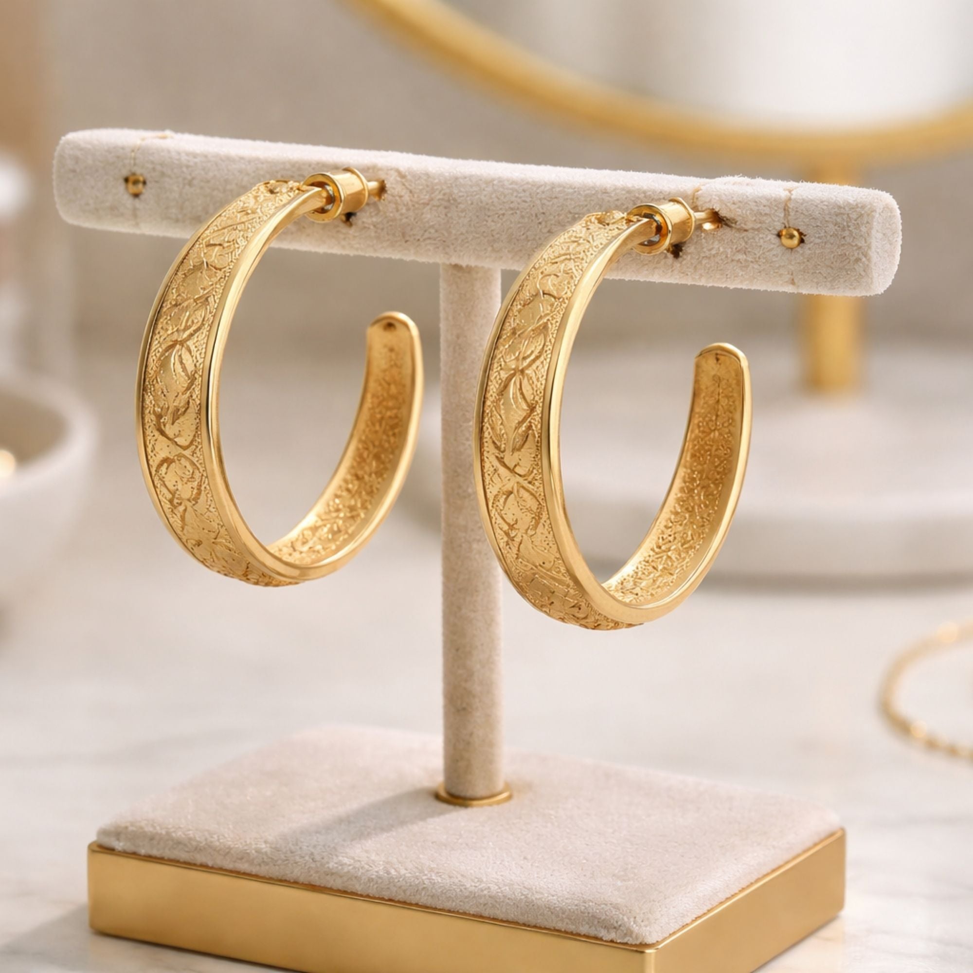 1.25 Inch Gold Tone Engraved Leaf Pattern Hoop Earrings product image 5