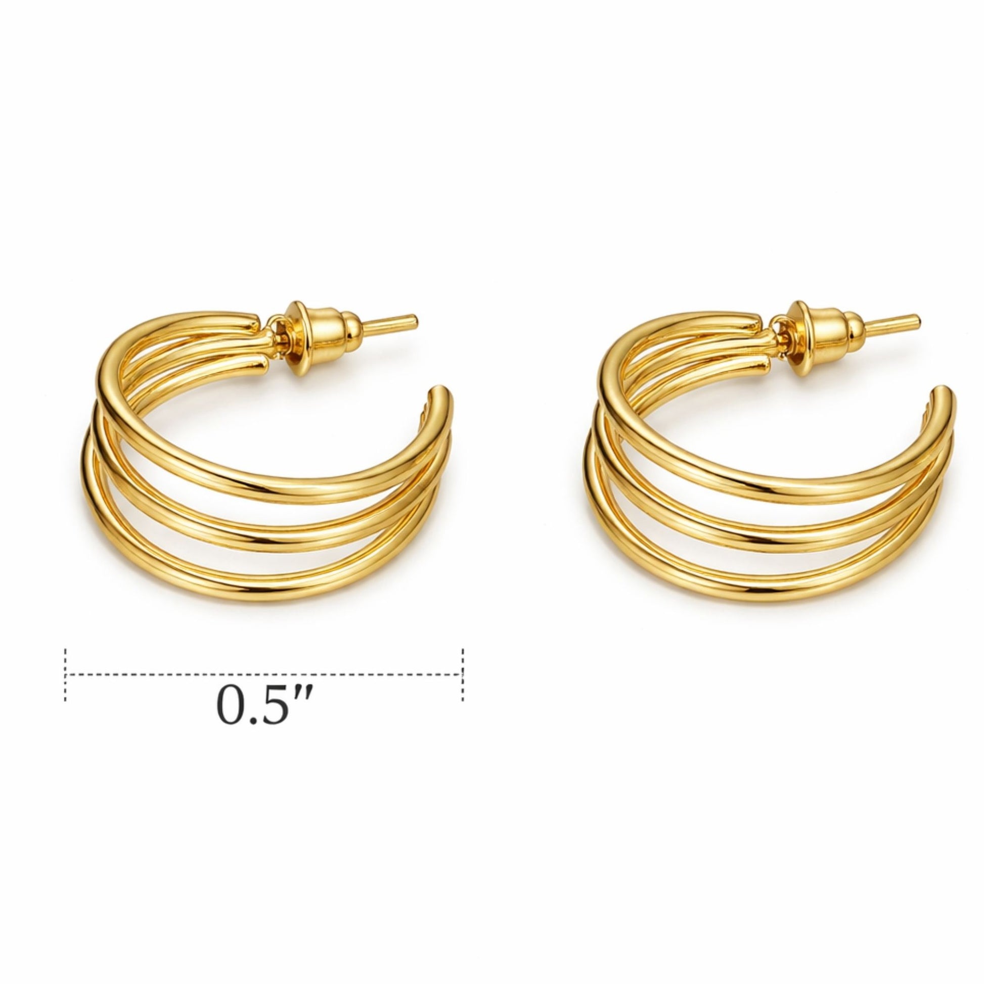 0.5" Gold Tone Triple Layer Hoop Earrings – Lightweight Statement Jewelry