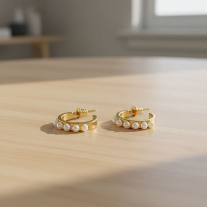 0.25" Gold Tone Pearl Accent Hoop Earrings – Elegant Dainty Jewelry