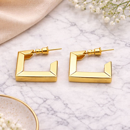 Gold Tone Square Open Hoop Earrings – Modern Geometric Statement Jewelry
