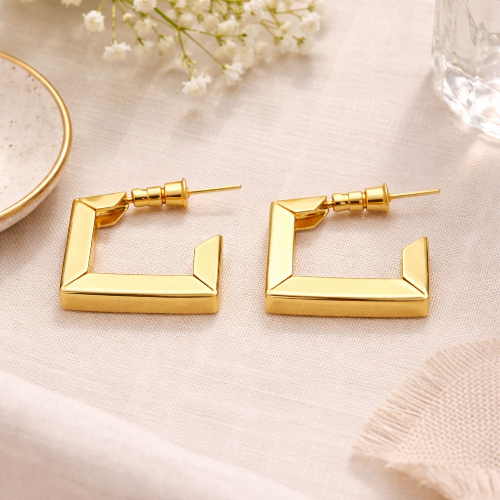 Gold Tone Square Open Hoop Earrings lifestyle use image