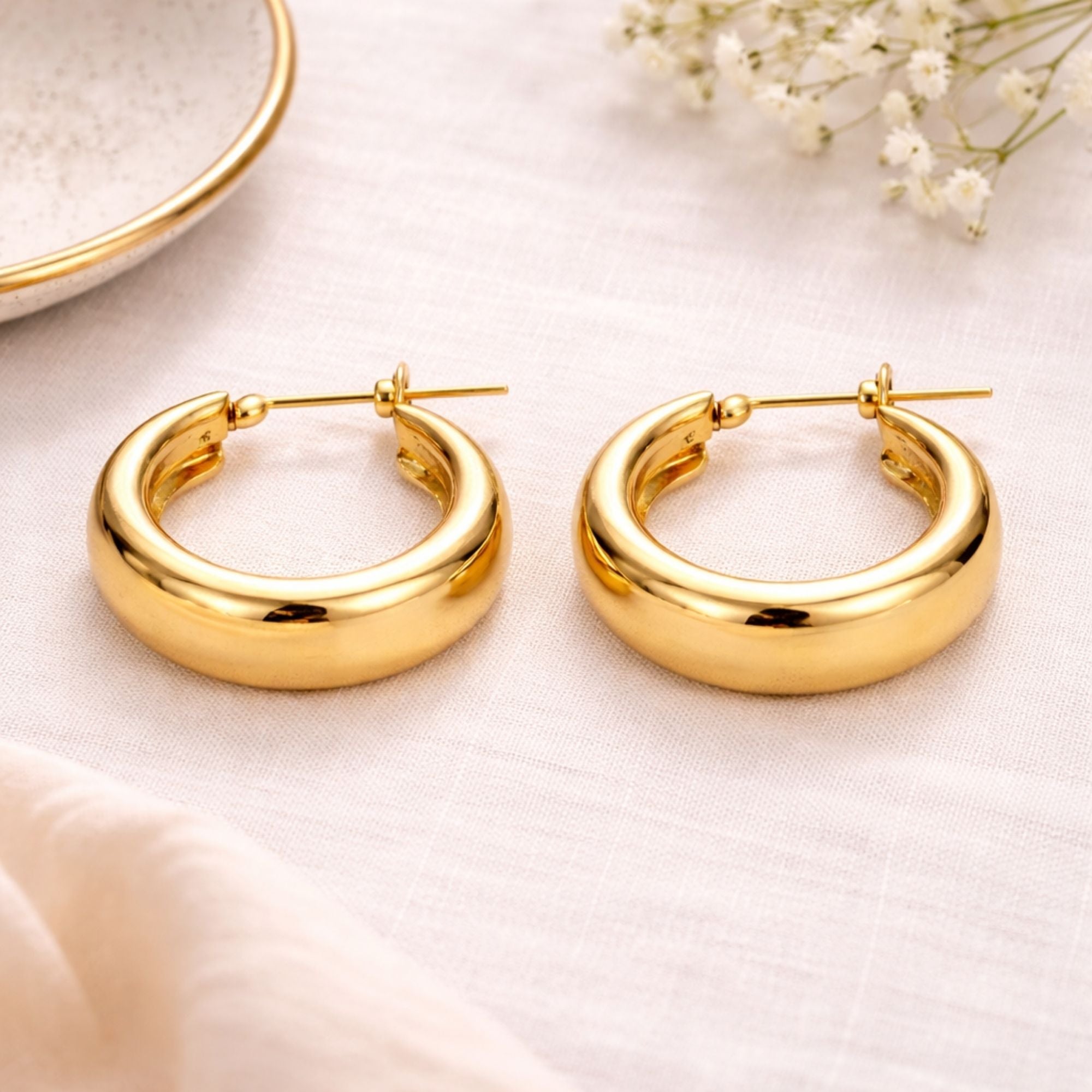 0.75 Inch Gold Tone Chunky Wide Band Hoop Earrings lifestyle use image