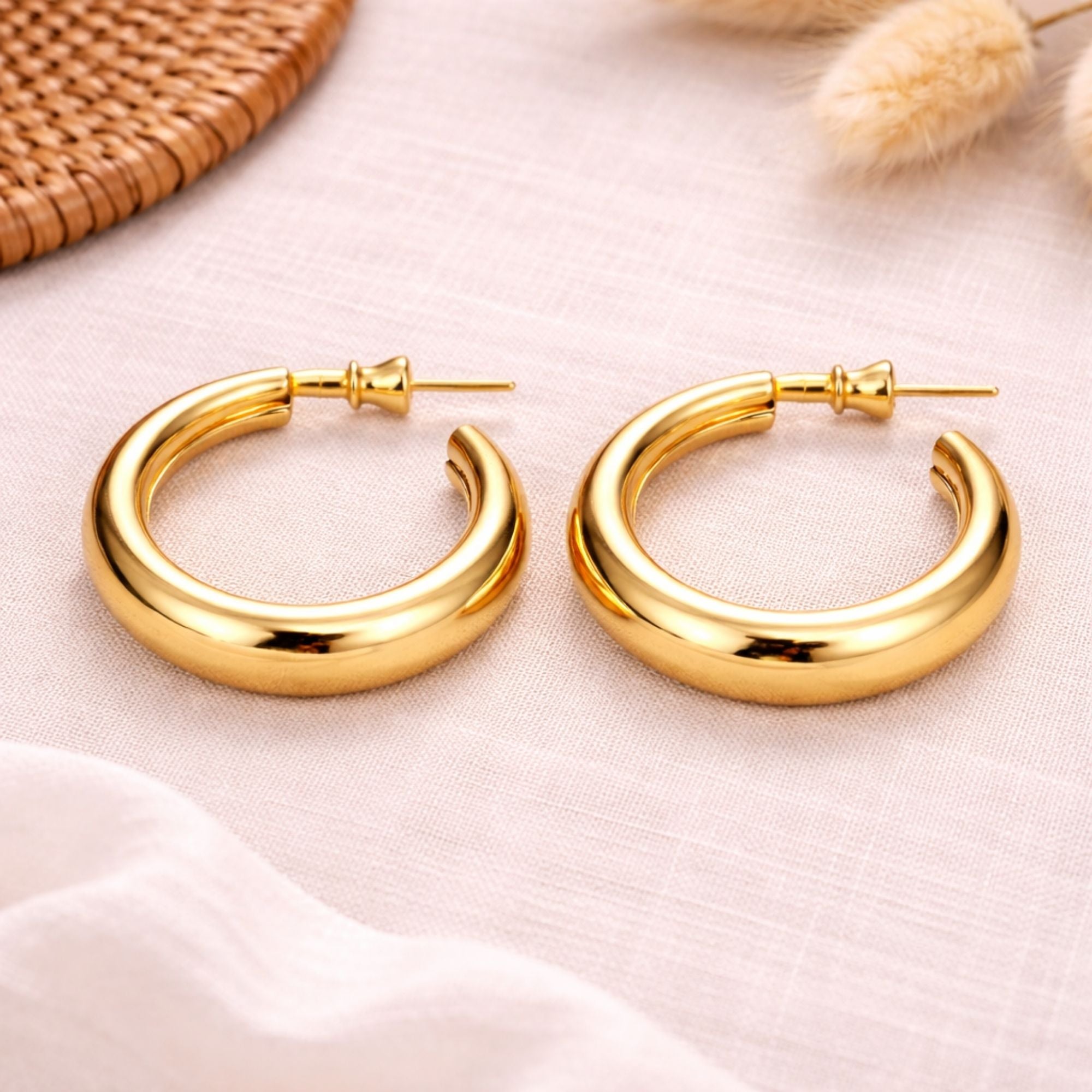 1 Inch Gold Tone Chunky Tube Open Hoop Bold Earrings Hoop Earrings lifestyle use image