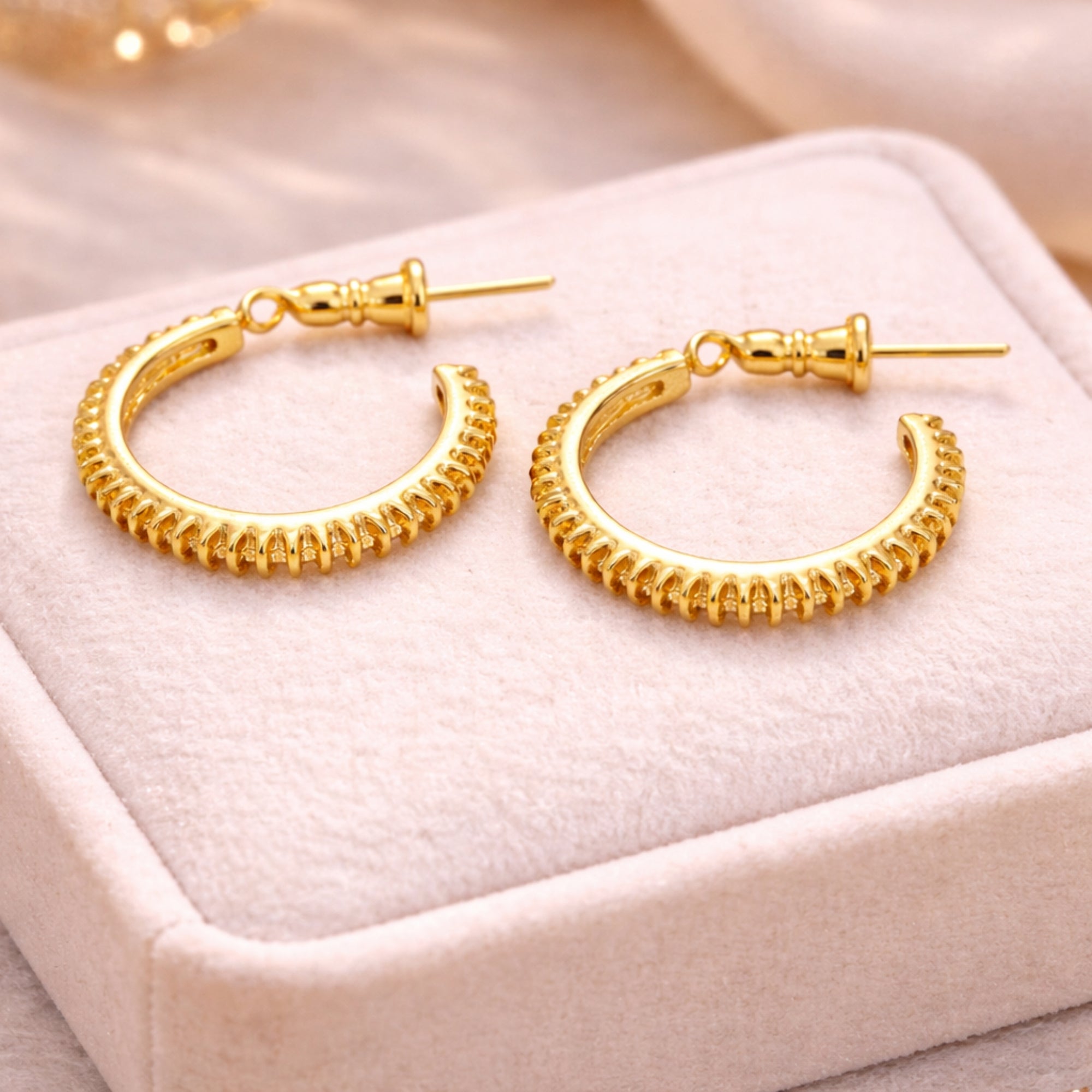 0.75 Inch Gold Tone Ridged Texture Open Hoop Classic Style Earrings Hoop Earrings lifestyle use image