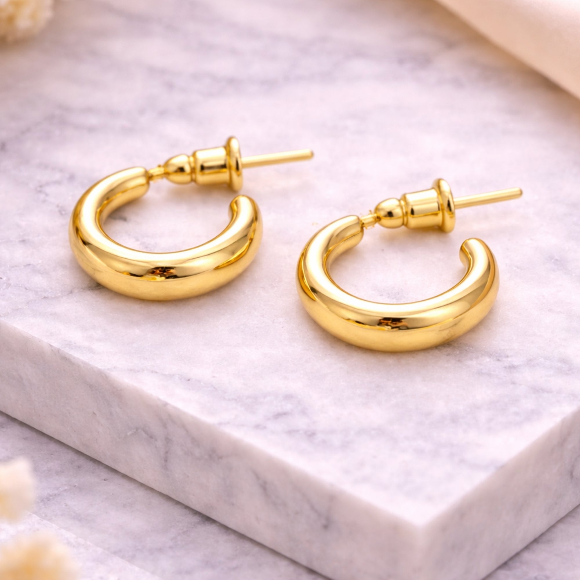 0.35 Inch Gold Tone Small Tube Open Hoop Earrings Minimalist Style lifestyle use image