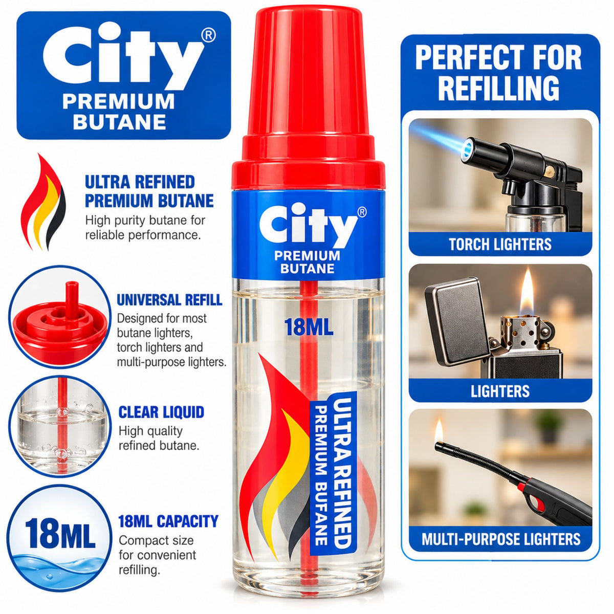City Premium Butane Lighter Refill 18mL, Ultra Refined Fuel for Refillable Lighters