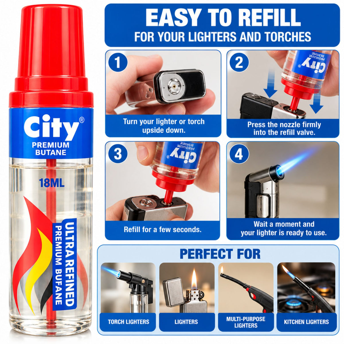City Premium Butane Lighter Refill 18mL, Ultra Refined Fuel for Refillable Lighters